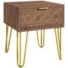 Bedside Table with Drawer Wooden Nightstand with Gold Metal Legs Handles Brown