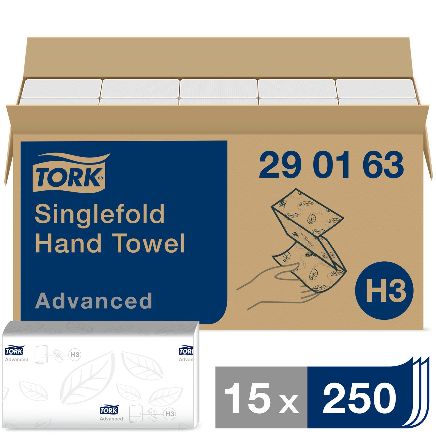 Tork Single Fold Paper Hand Towels Advanced H3, 2-Ply White 290163, Pack of 15