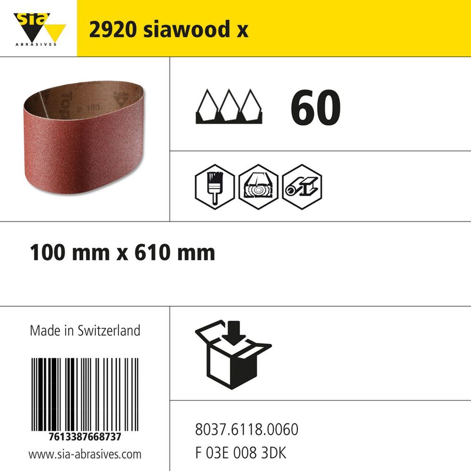 Sia Abrasives 2920 Siawood Cloth Portable Belt  W100mm X L610mm  Grit- you get 4
