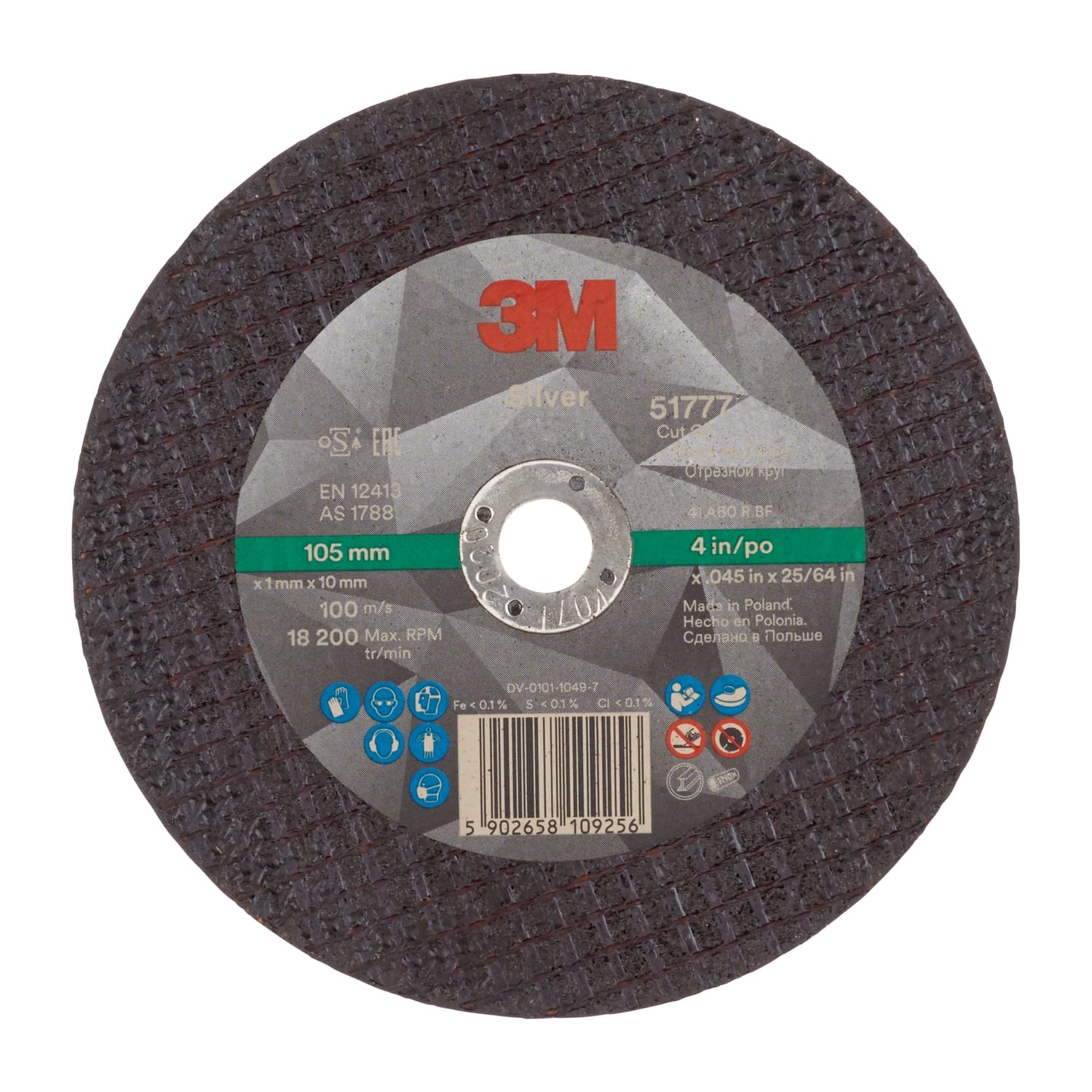 3M Silver Cut-off Wheel, T41, 105 mm x 1 mm x 9.53 mm, PN51777