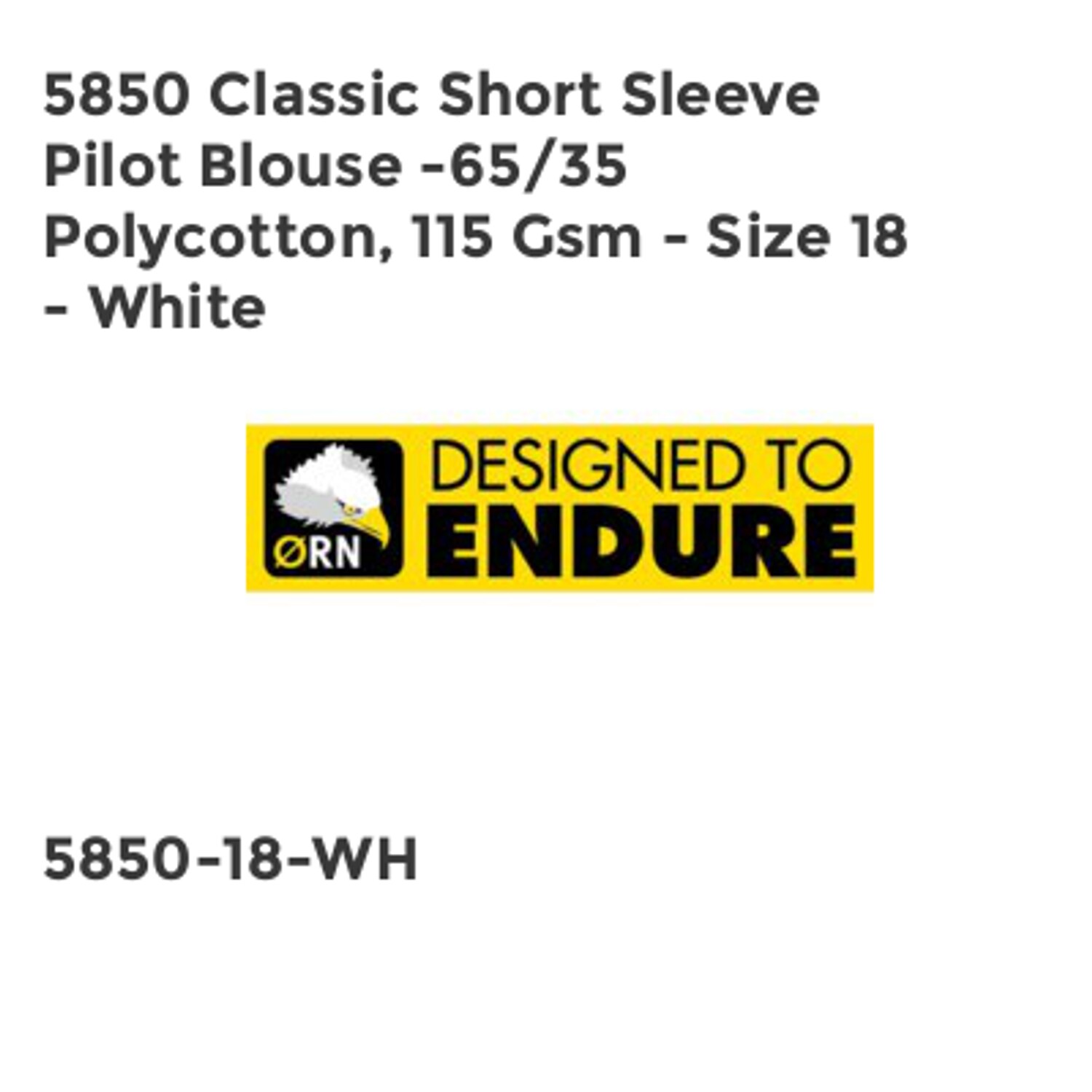 ORN 5850 Classic Short Sleeve Pilot Blouse -65/35 Polycotton, 115 GSM - Size 18