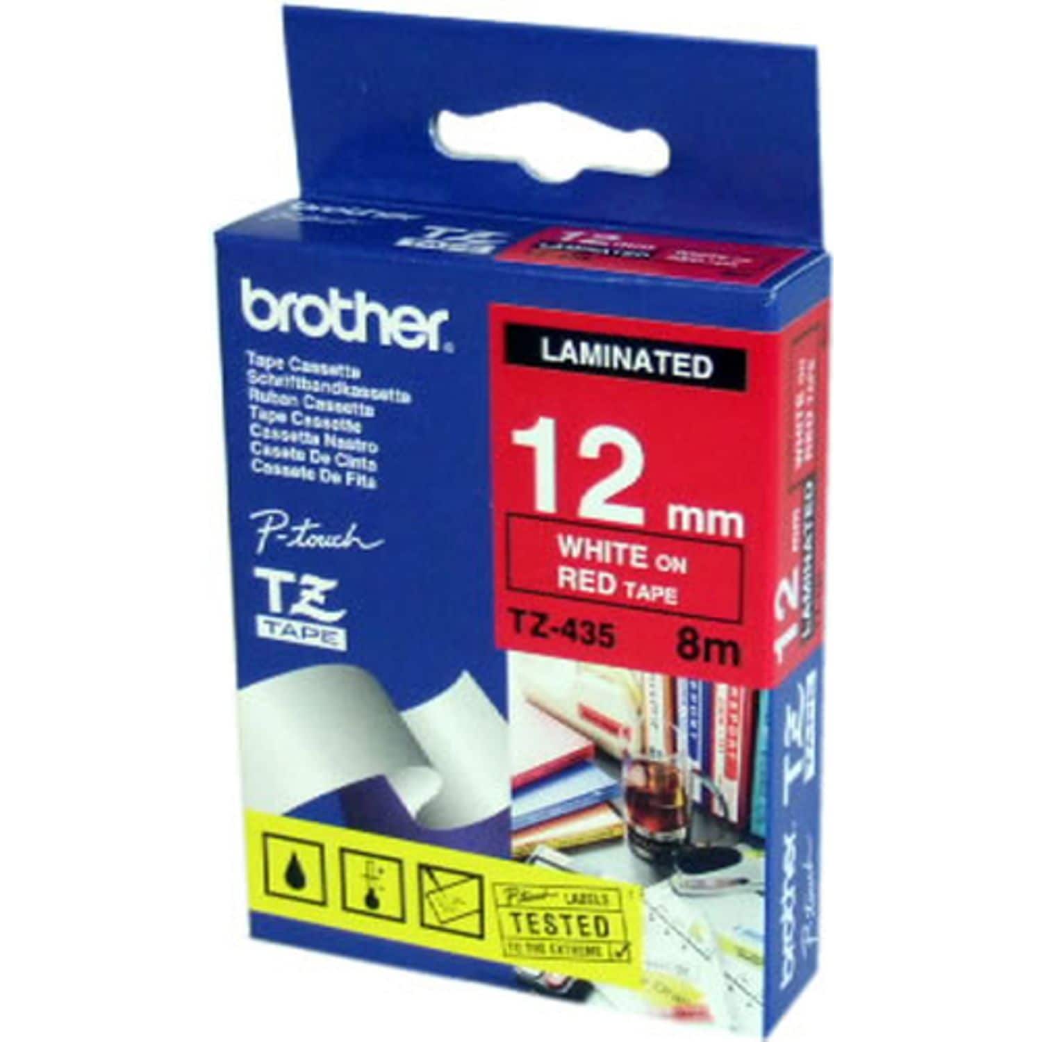 Brother Tze-435 - White On Red - Roll (1.2 Cm X 8 M) 1 Cassette(S) Laminated Tap