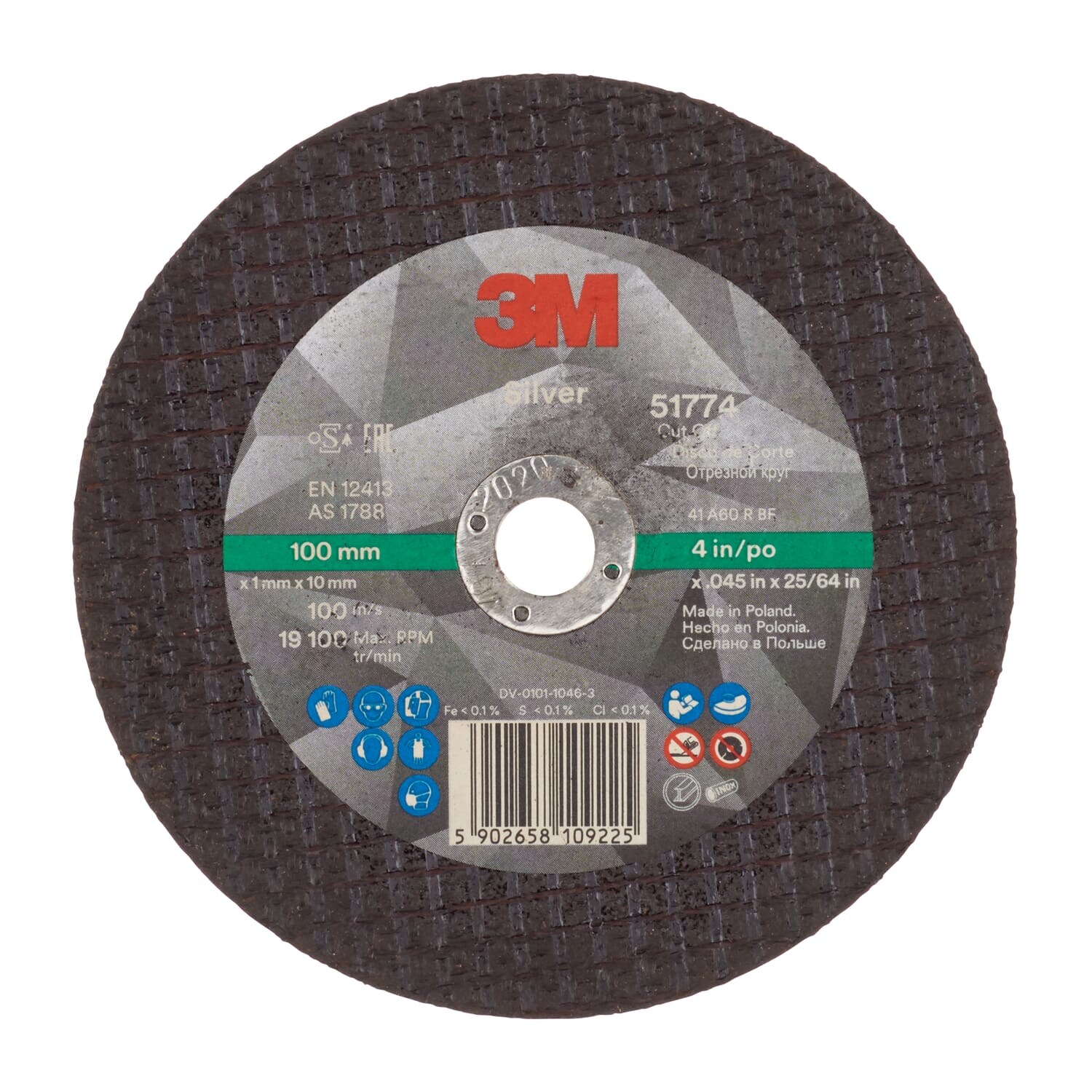 3M Silver Cut-off Wheel, T41, 100 mm x 1 mm x 9.53 mm, PN51774