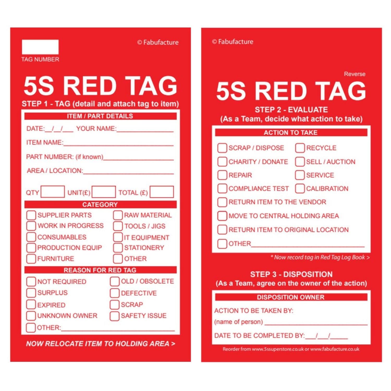 Fabufacture 5S Red Tuff Tags  - Qty 300 + Steps Sign