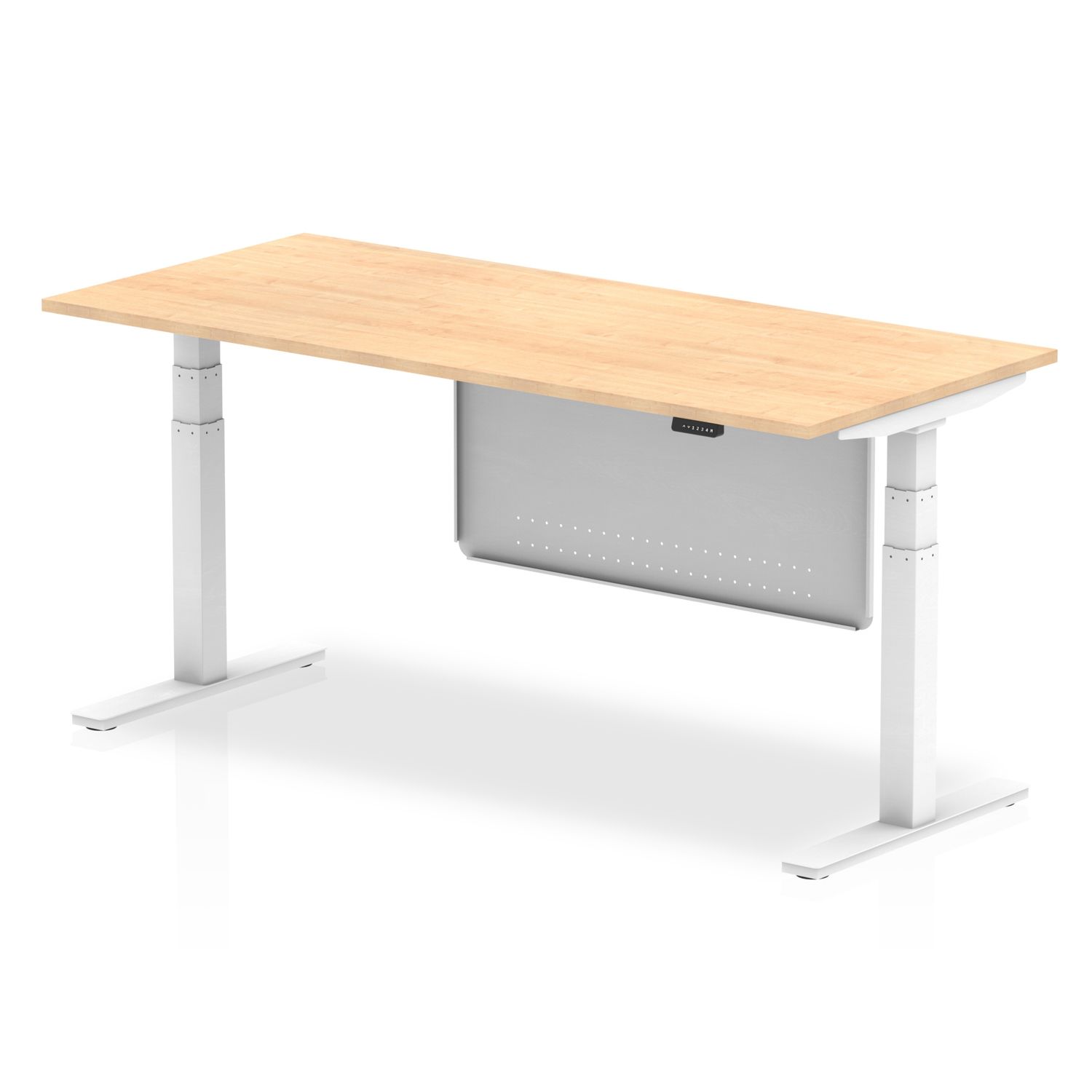 Modesty 1800 x 800mm Height Adjustable Office Desk Maple Top White Leg with White Steel Modesty Panel
