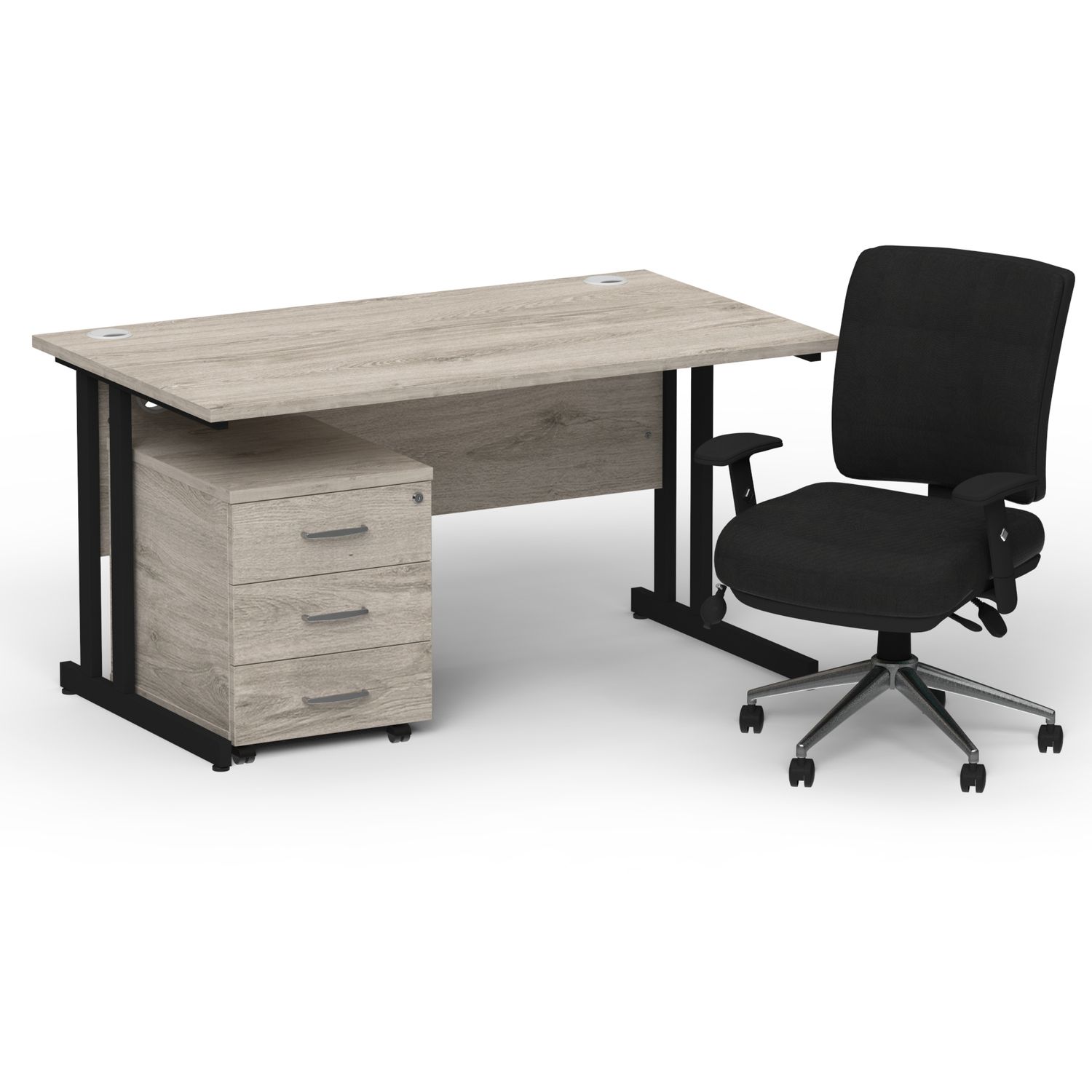 Impulse 1400mm Straight Office Desk Grey Oak Top Black Cantilever Leg with 3 Dra
