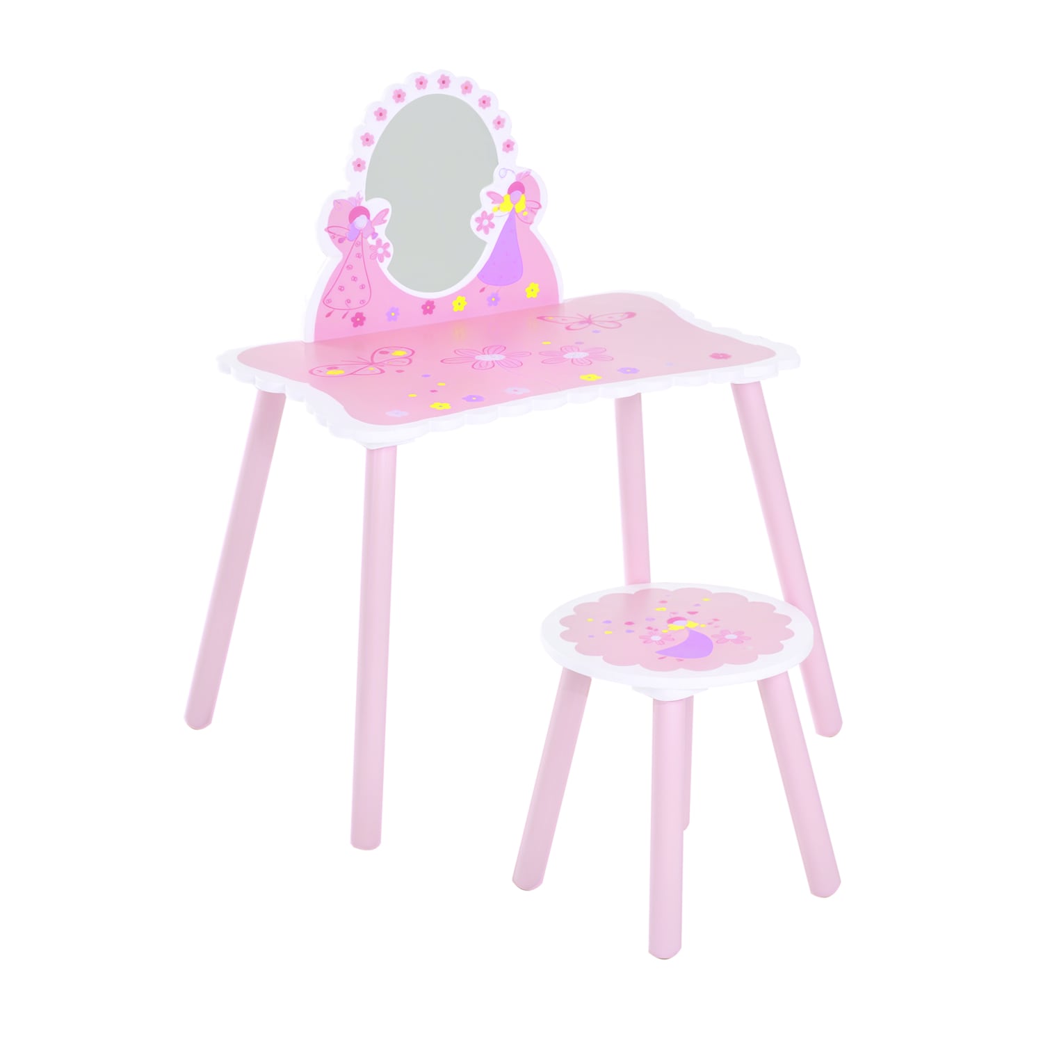 HOMCOM Make Up Play Set Desk Chair Mirror Girls Pink Dressing Table W/Stool MDF