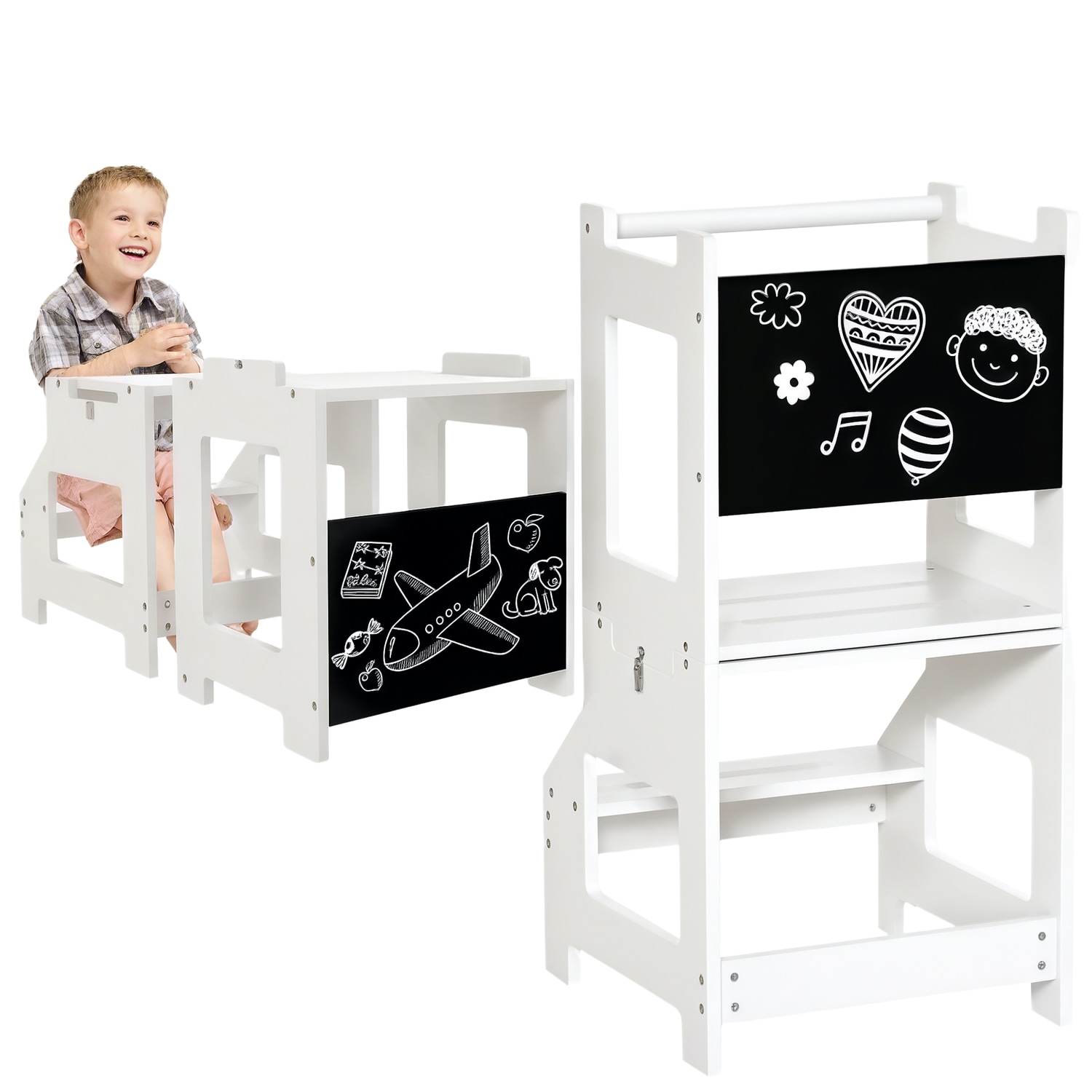 HOMCOM 2-in-1 Kids Kitchen Step Stool Table Chair Set W/Safety Rail Chalkboard,