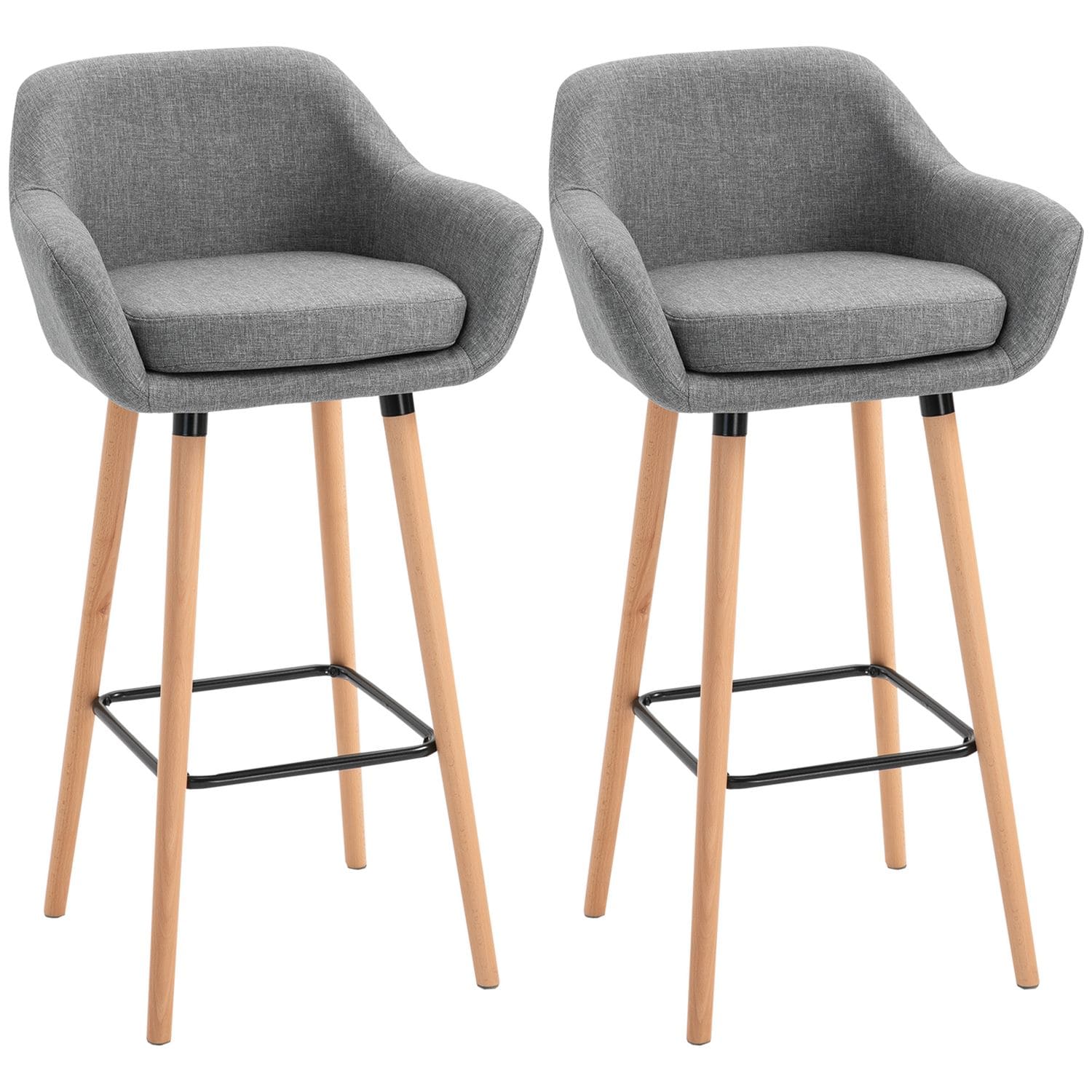 HOMCOM 2 PCs Modern Upholstered Fabric Bucket Seat Bar Stools w/Solid Wood Legs