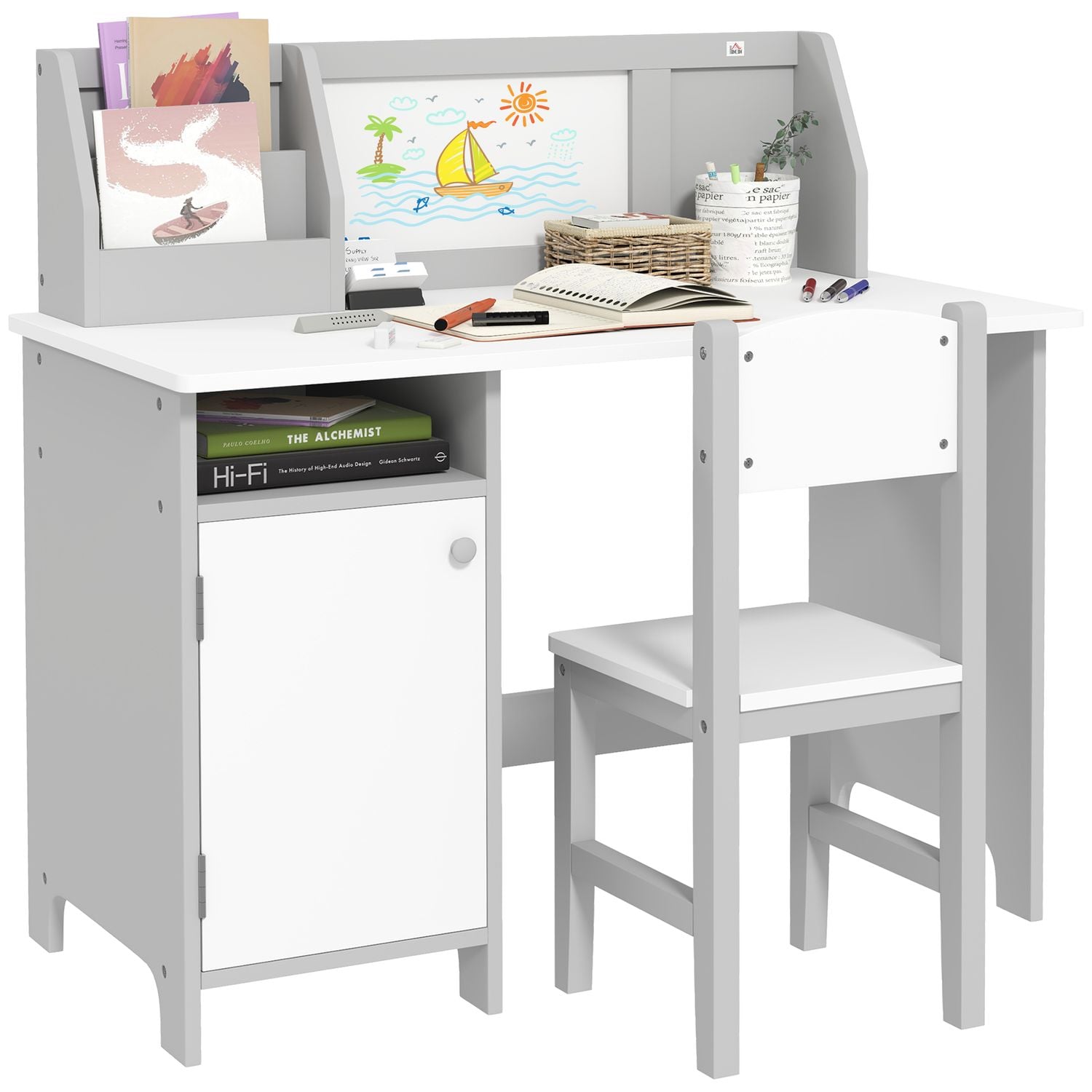 HOMCOM 2 PCs Kids Table and Chair Set w/Whiteboard, Storage Spaces - Grey