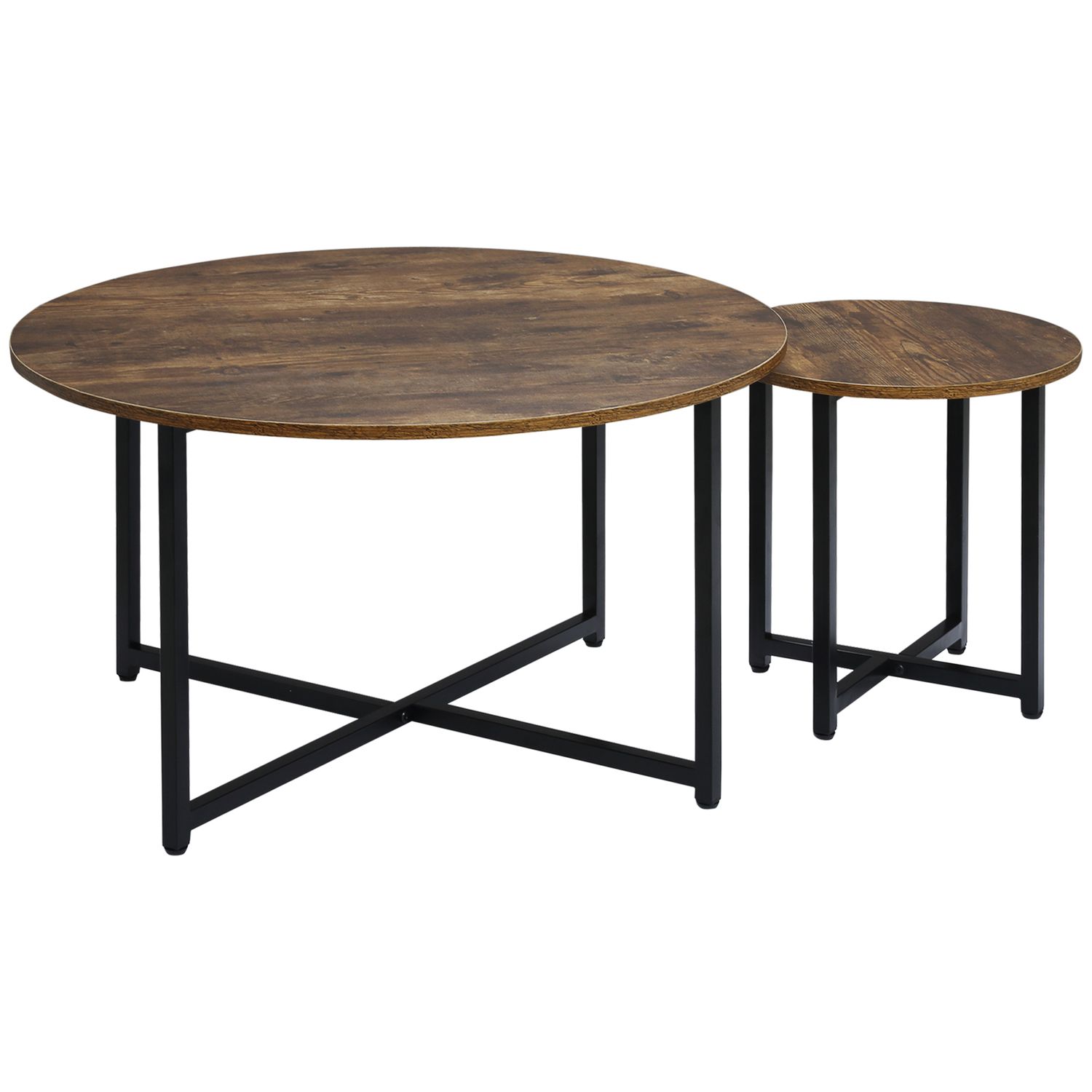 HOMCOM Set of 2 Nesting Coffee Tables Round End Bedside Tables Metal Frame Brown