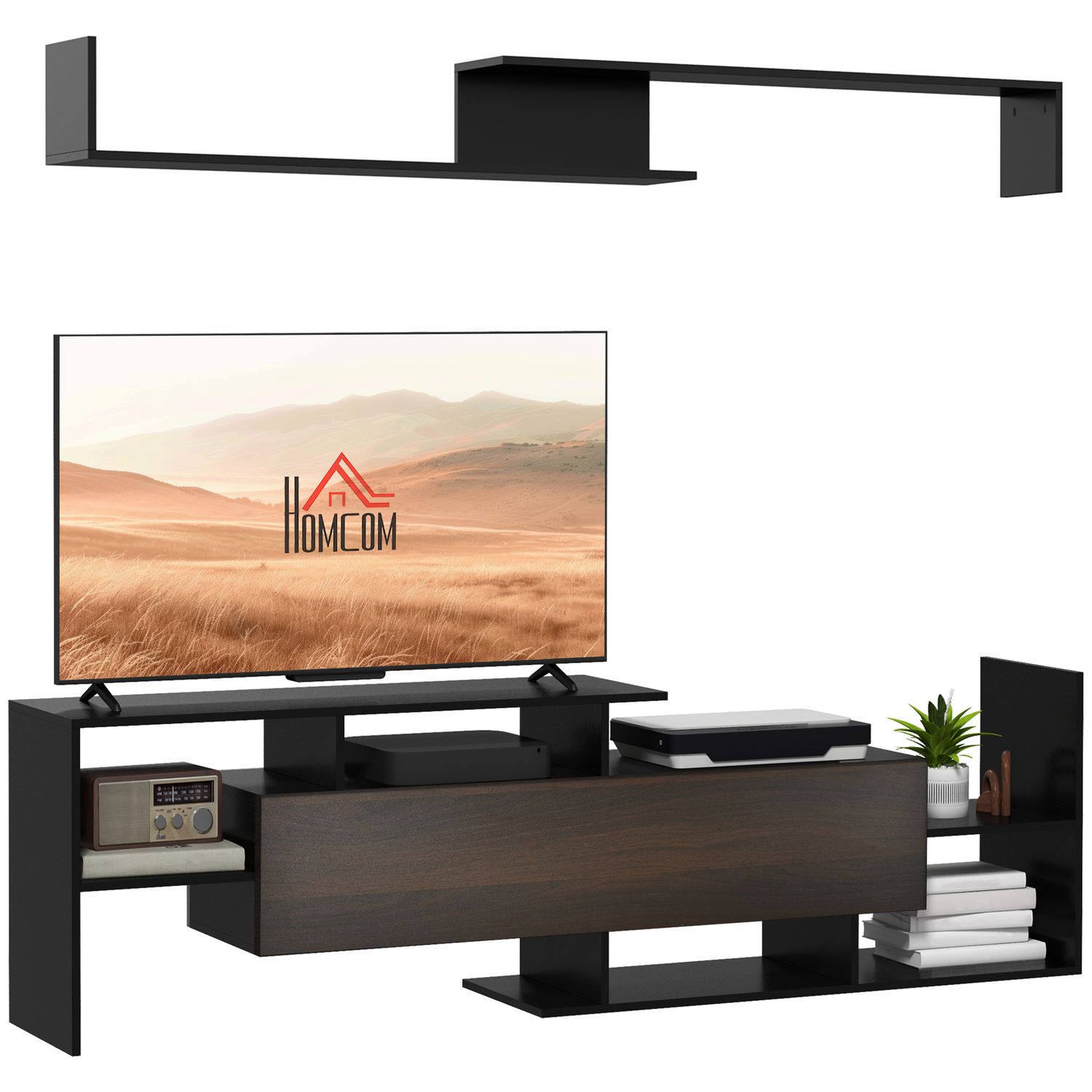 HOMCOM TV Cabinet W/Wall Shelf and Storage Cabinet for Living Room Black and Bro