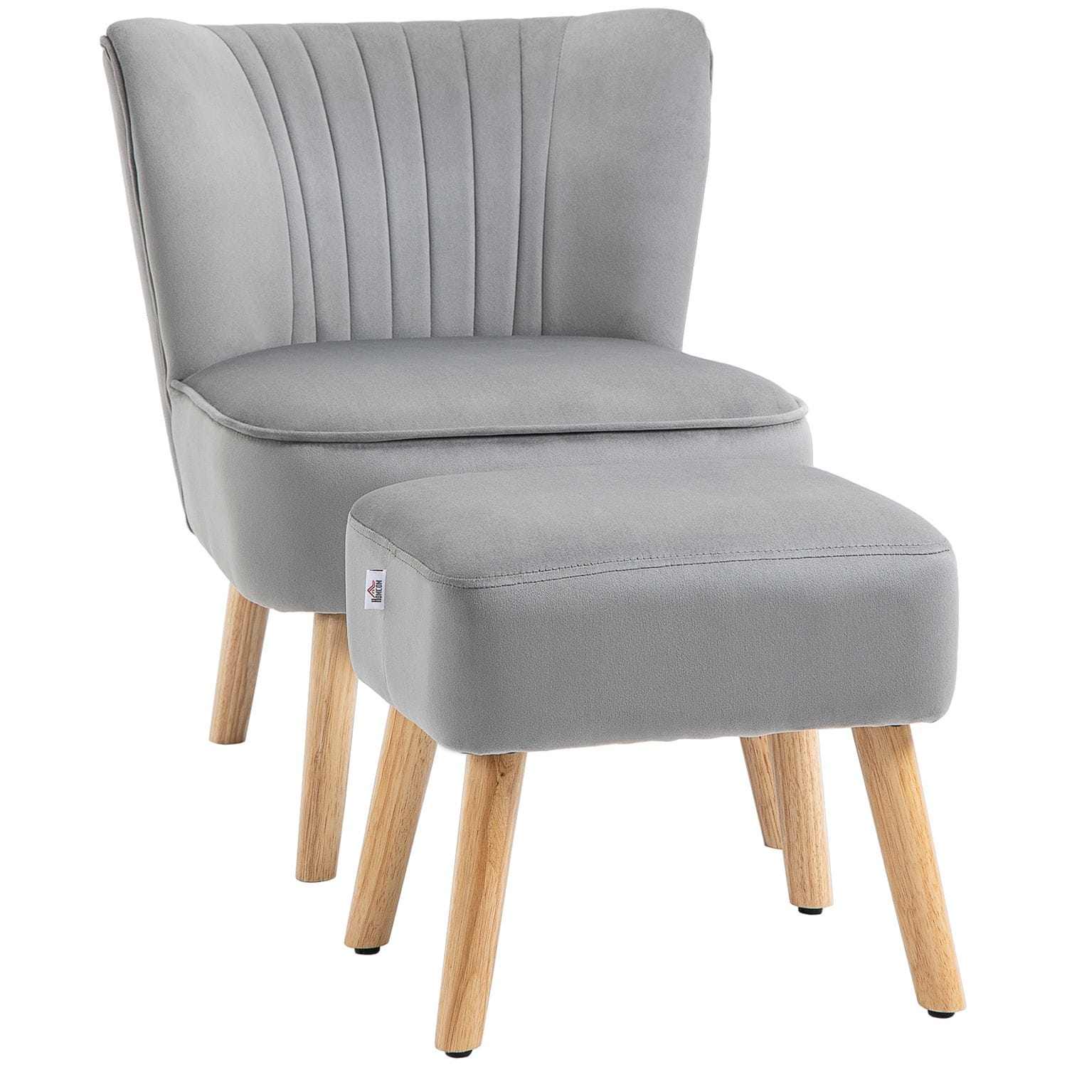 HOMCOM Velvet-Feel Accent Chair with Ottoman Tub Seat Padding Wood Frame, Light