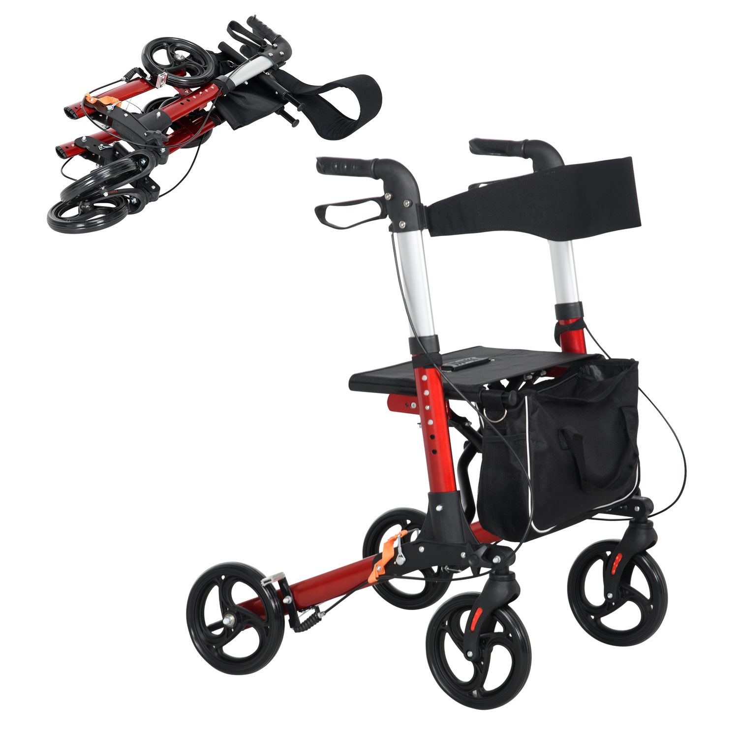 HOMCOM Folding Rollator w/Seat 4 Wheels Adjustable Handle Height Bag for Handica