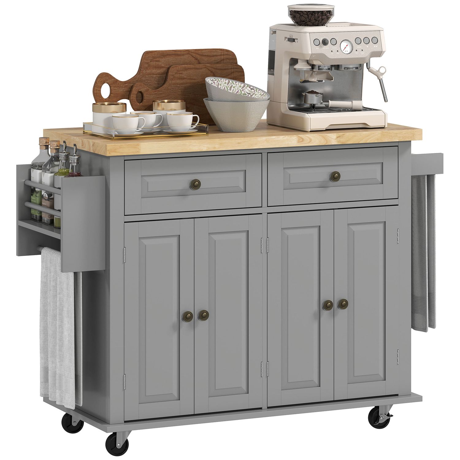 HOMCOM Rolling Kitchen Microwave Island with Flexible Storage Shelf Unit and Dra