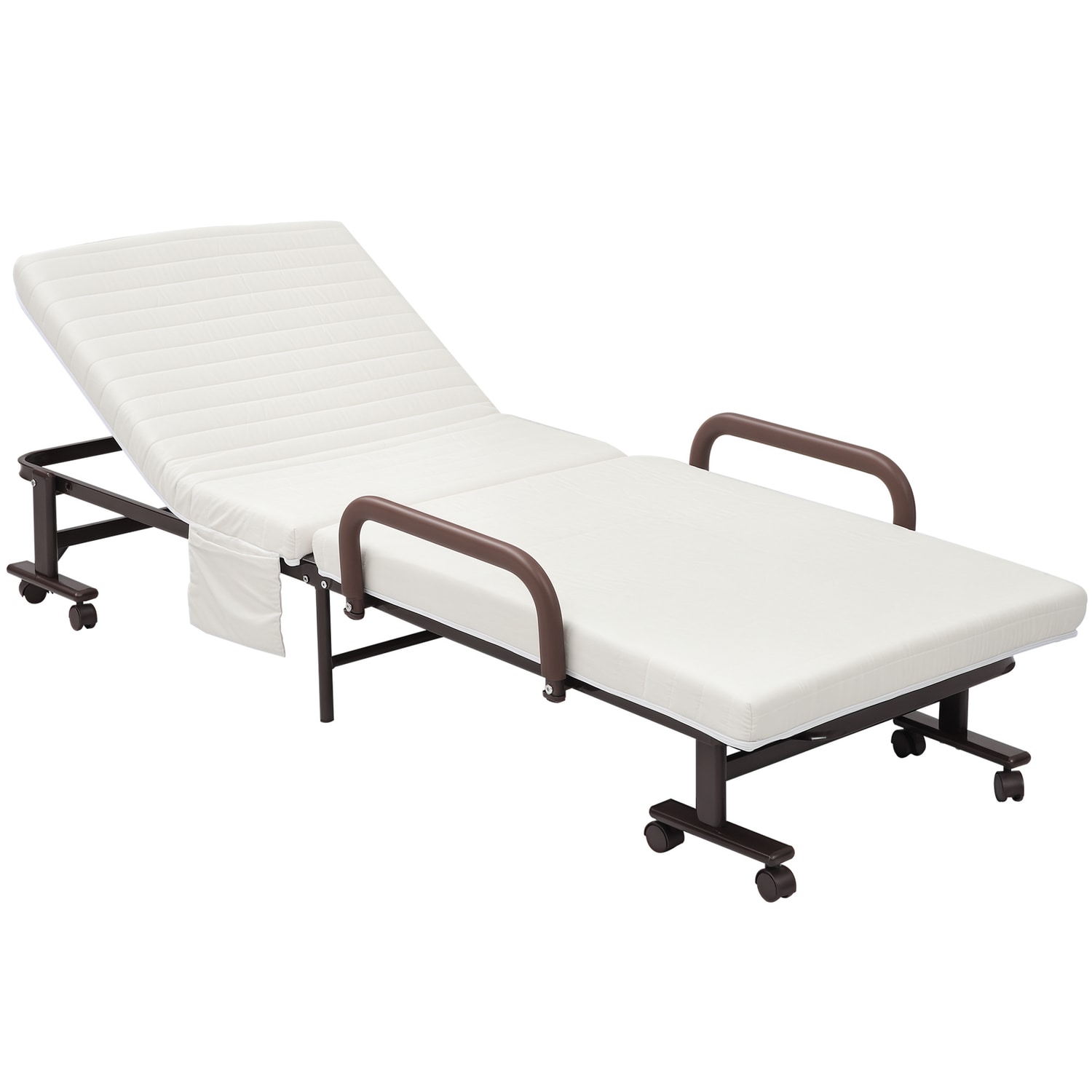 HOMCOM Folding Bed with Mattress Guest Bed with Adjustable Backrest & Wheels Whi