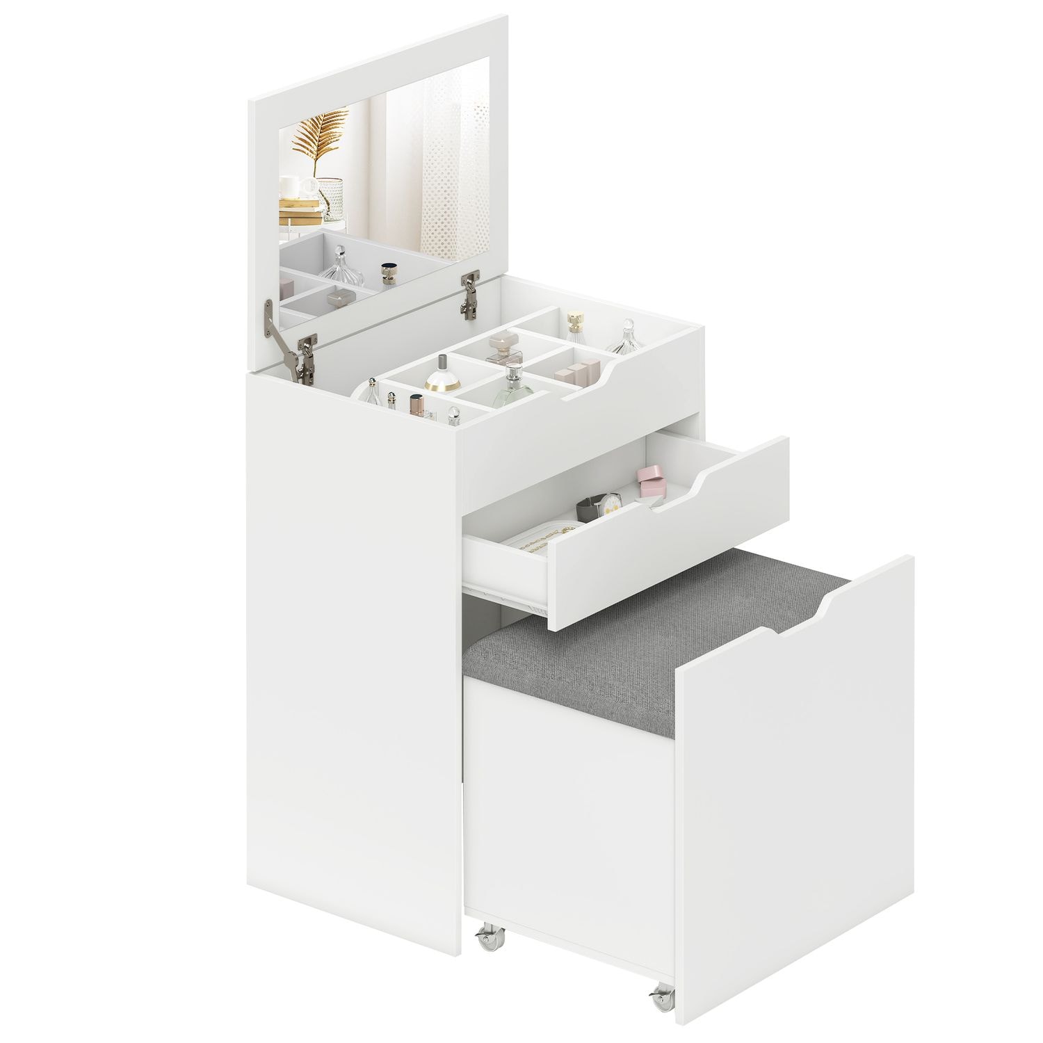 HOMCOM Dressing Table Set W/Flip-Up Mirror & Stool, Drawer and Compartments, Whi