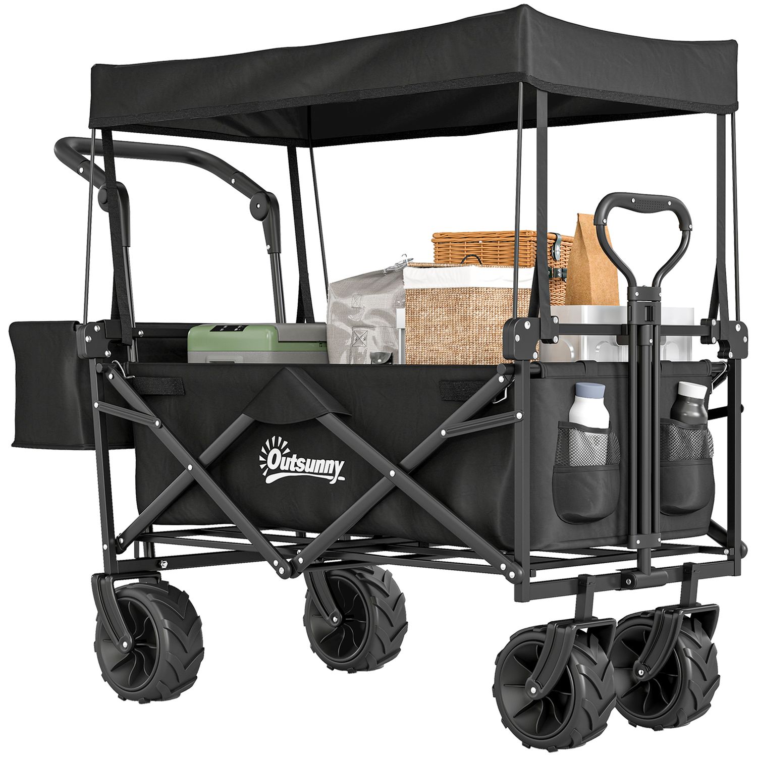 Outsunny Trolley Cart Storage Wagon 4 Wheels w/2 Compartments Handle, Canopy845-