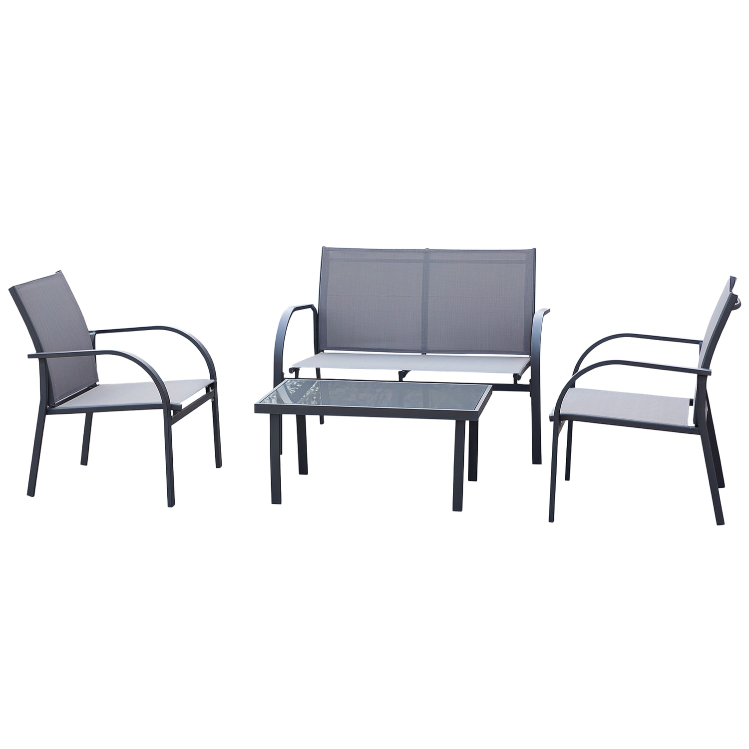 Outsunny 4 Pcs Curved Steel Outdoor Sofa Set w/Loveseat 2 Chairs Glass Top Table