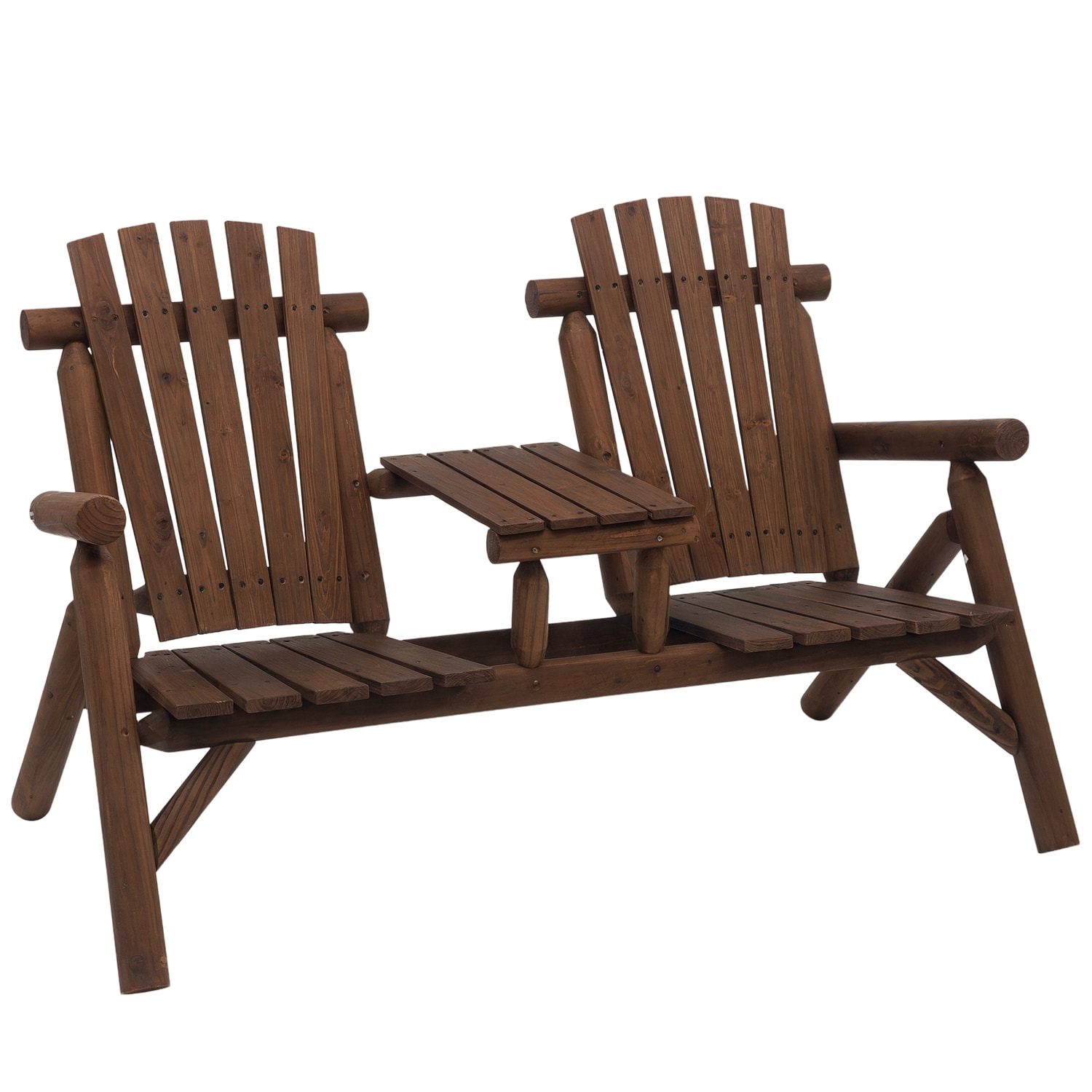 Outsunny Wood Patio Chair Bench 2 Seats w/Center Coffee Table, Garden Bench, Car