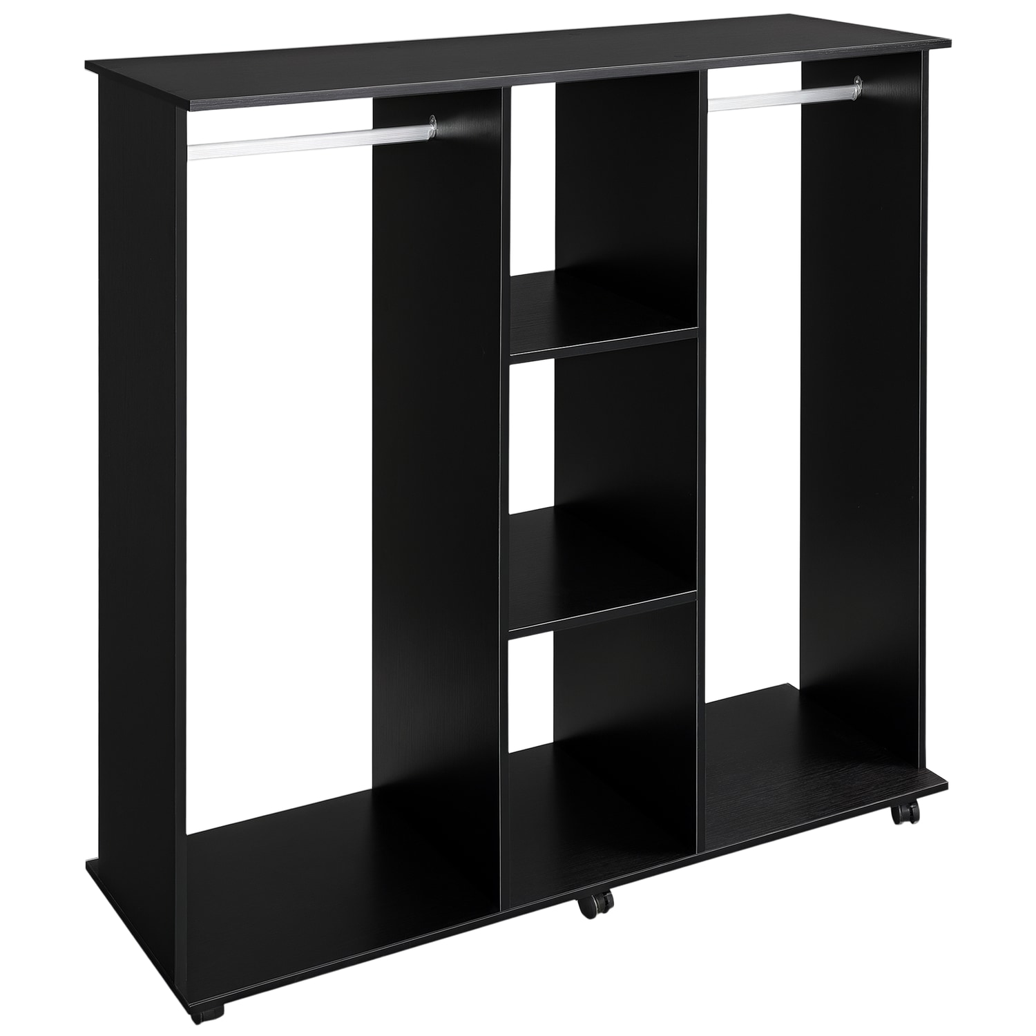 HOMCOM Mobile Open Wardrobe Storage Shelves w/6 Wheels Clothes Hanging Rail Blac