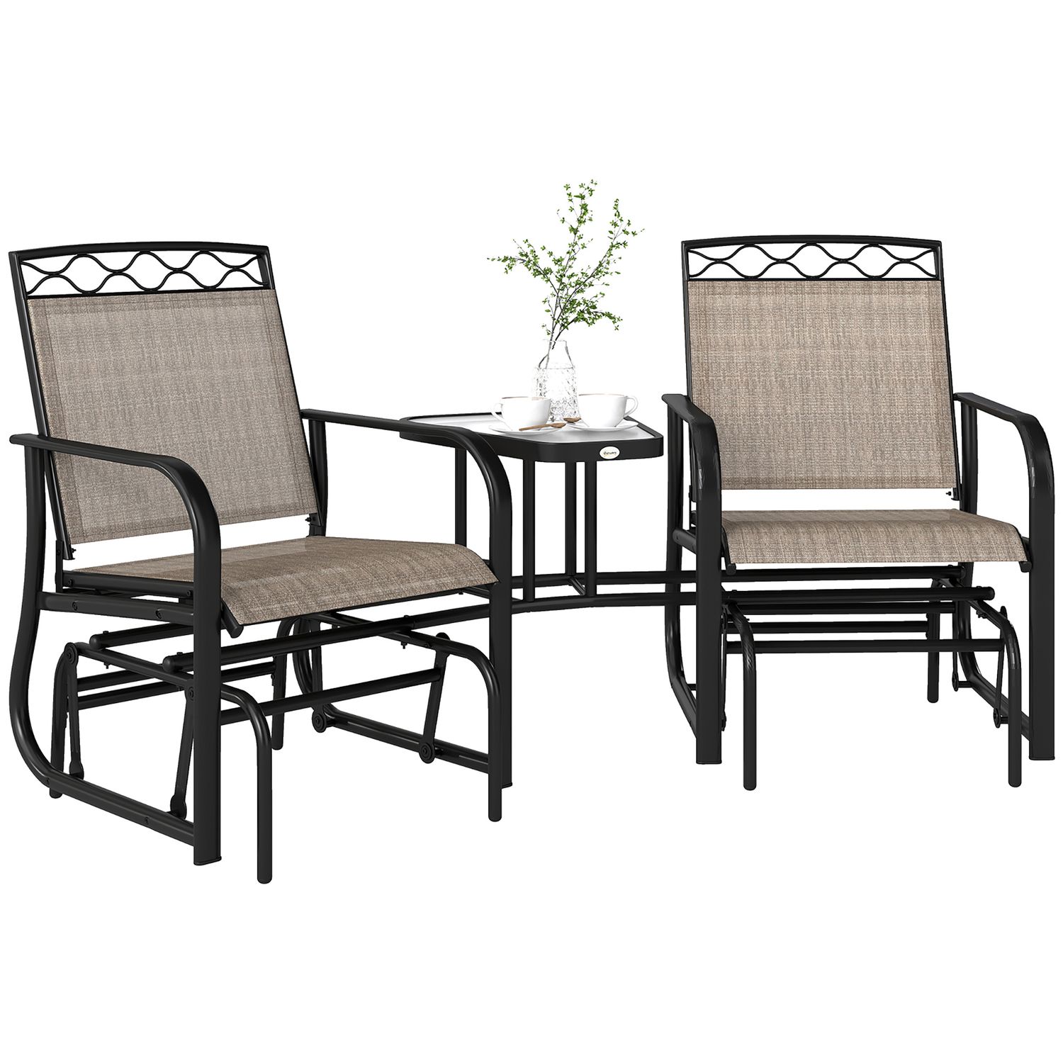 Outsunny 2-Person Outdoor Glider Rocker Chair with Center Table Breathable Mesh