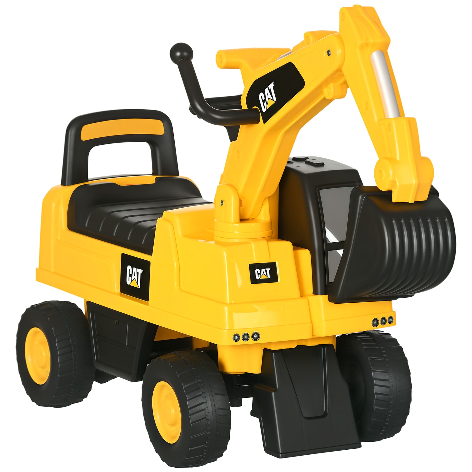 HOMCOM Cat Licensed Kids Ride-On Digger W/Manual Shovel, Horn, Hidden Storage -