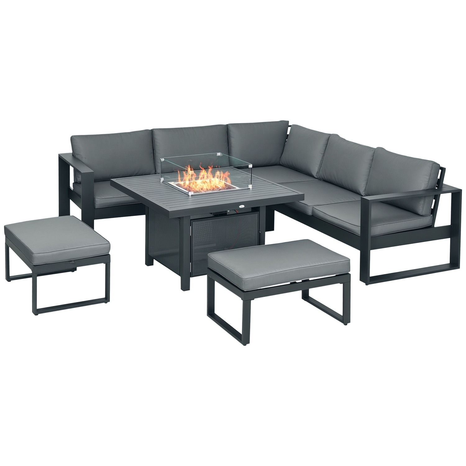 Outsunny 6pcs Outdoor Furniture Set, Garden Corner Sofa with Fire Pit Table, Alu