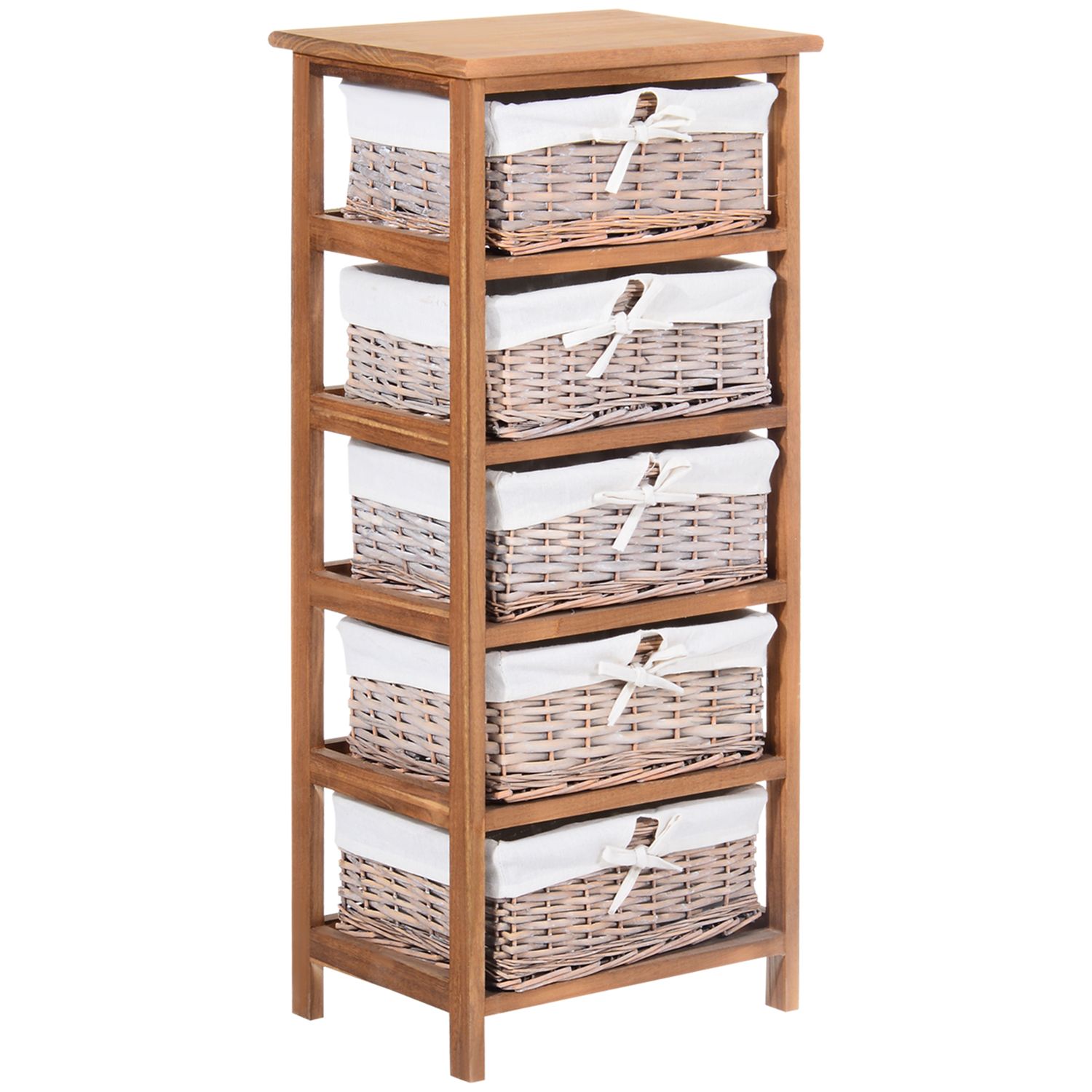 HOMCOM 5 Drawer Dresser Wicker Storage Shelf Unit Wooden Home Organization Natur