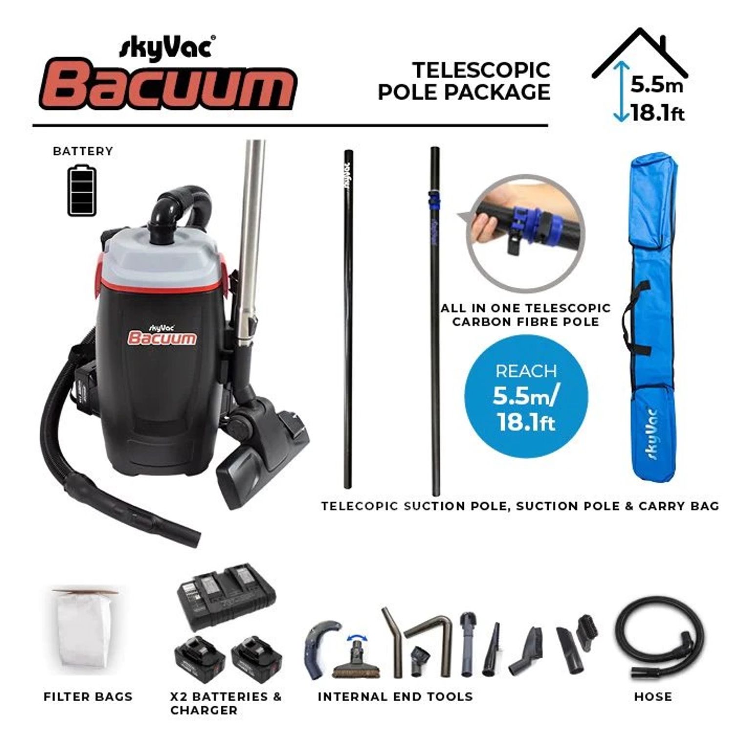 SkyVac Bacuum Battery with 23ft/7m Telescopic Pole Set