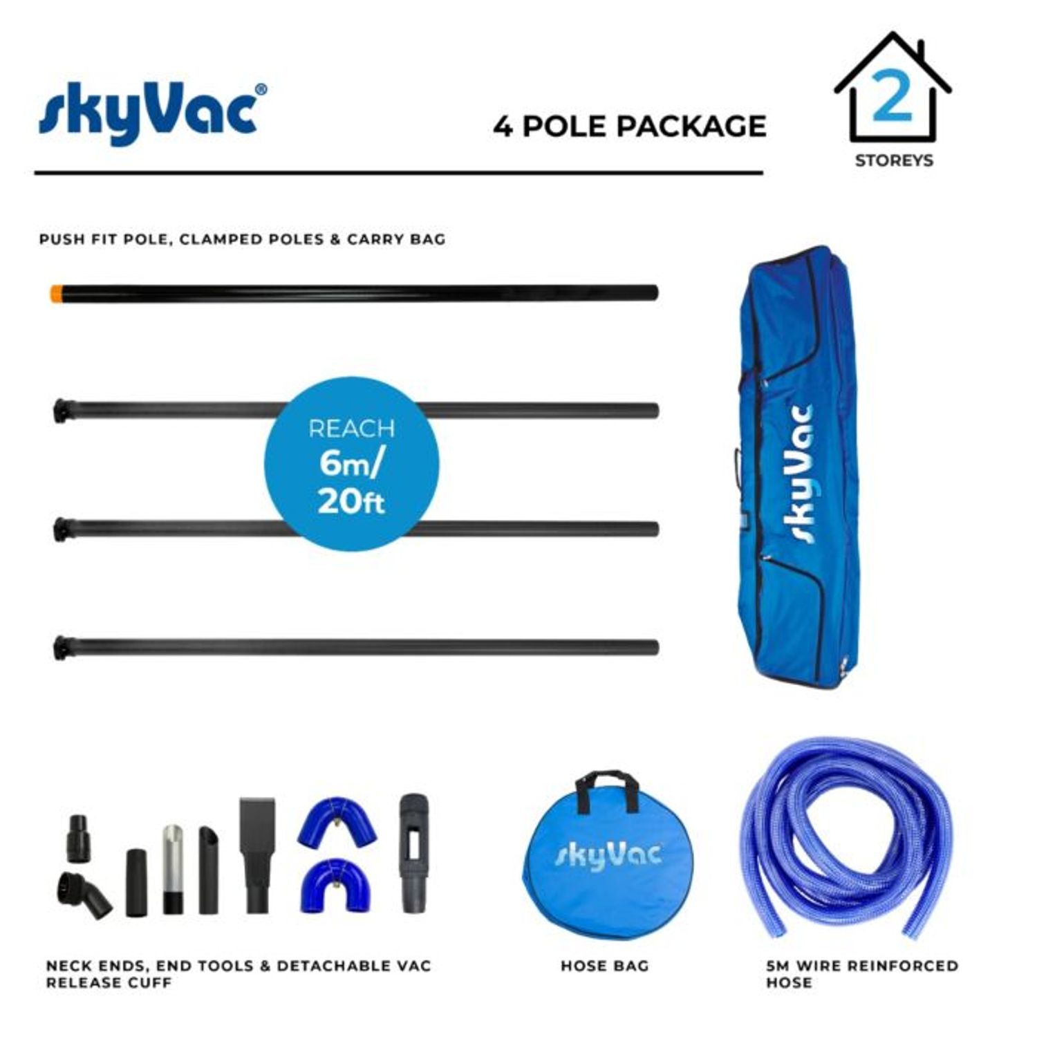 SkyVac Premium Clamped 4 Poles External Suction Pole Set