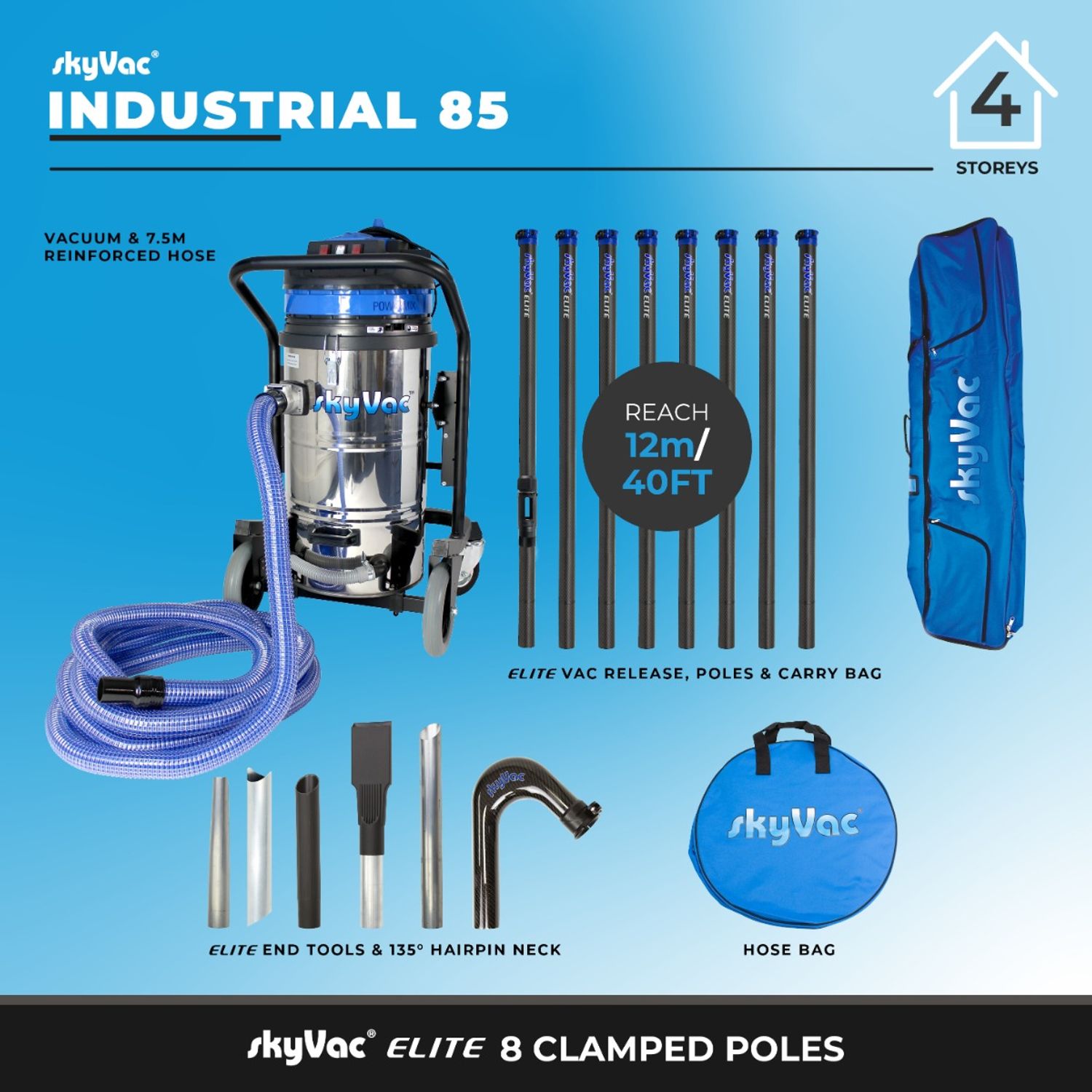 SkyVac Industrial 85 (110v) 8 Pole Package with Elite High Reach Poles