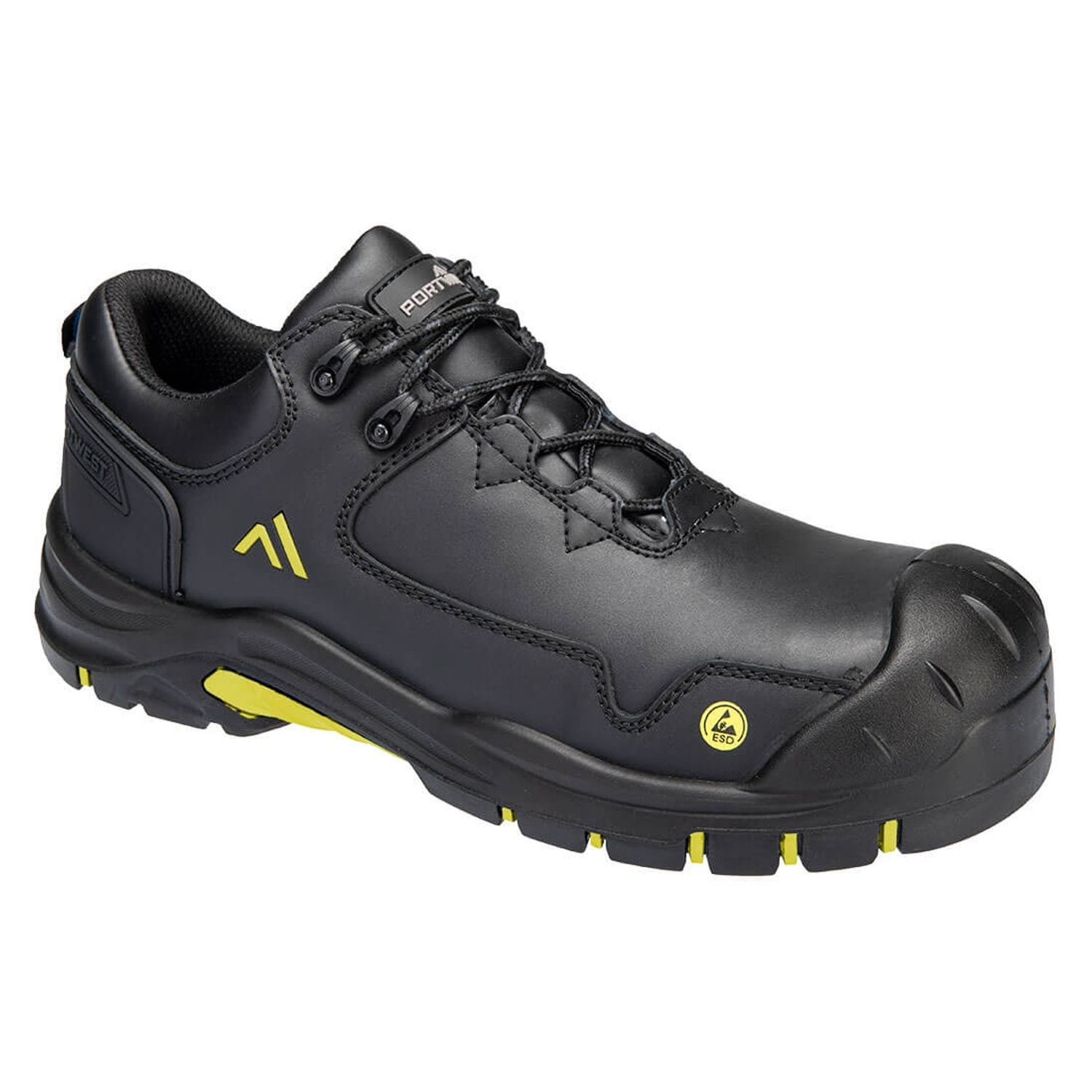 Portwest Composite Action Leather Low Shoe S3S ESD HRO SR SC FO, Black/Yellow, 3