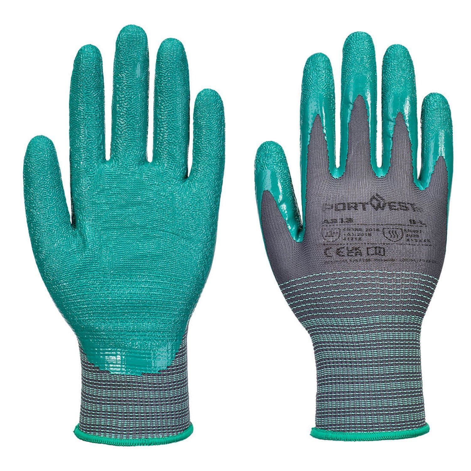 Portwest Grip 15 Nitrile Crinkle Glove (Pk12), Grey/Green, XL, Regular