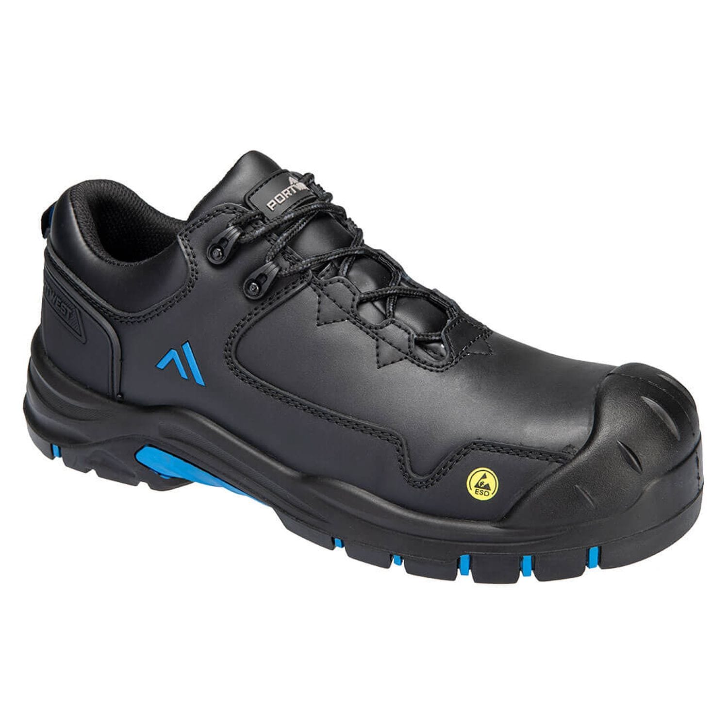 Portwest Composite Action Leather Low Shoe S3S ESD HRO SR SC FO, Black/Blue, 44,