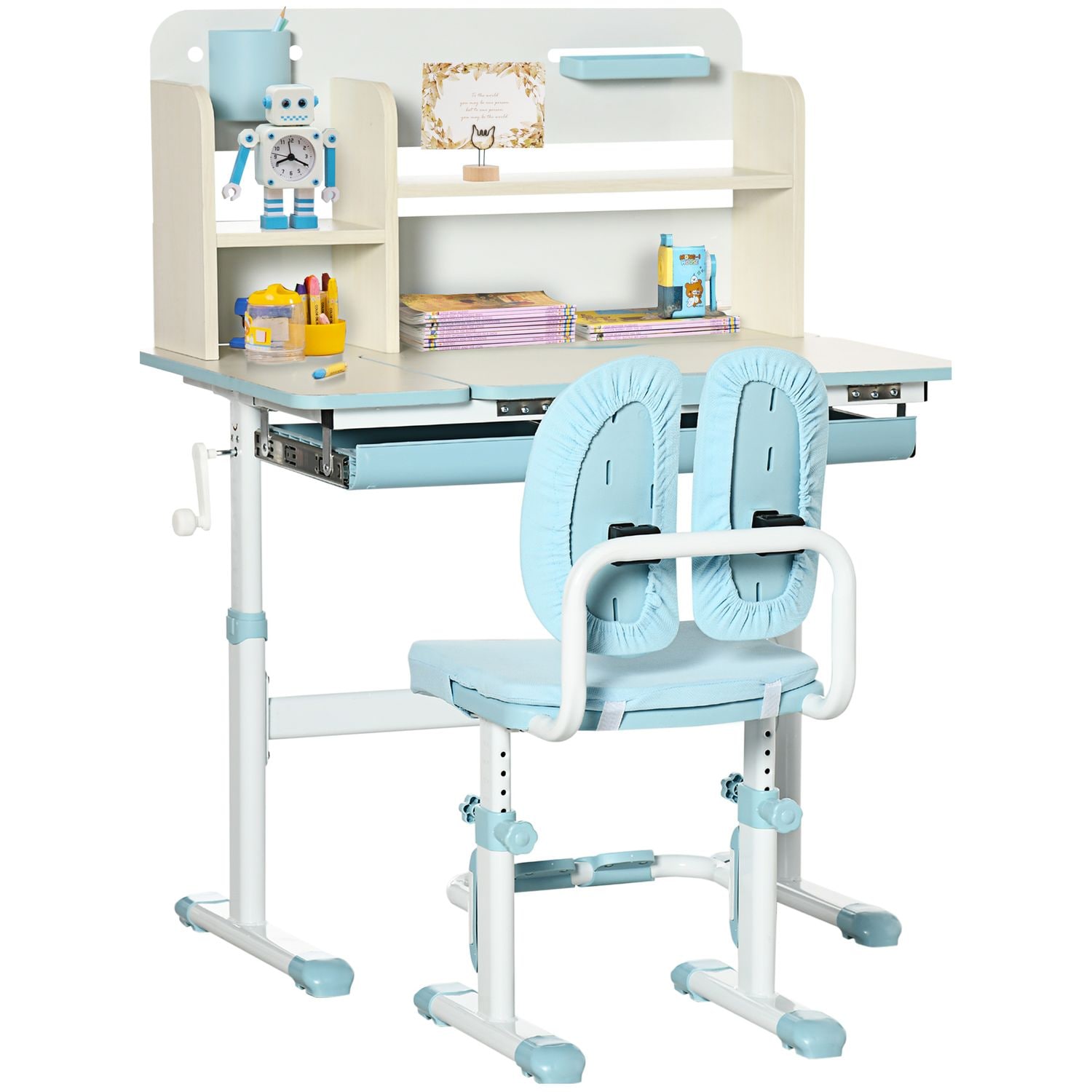 HOMCOM Kids Desk and Chair Set with Storage Shelves Washable Cover Blue