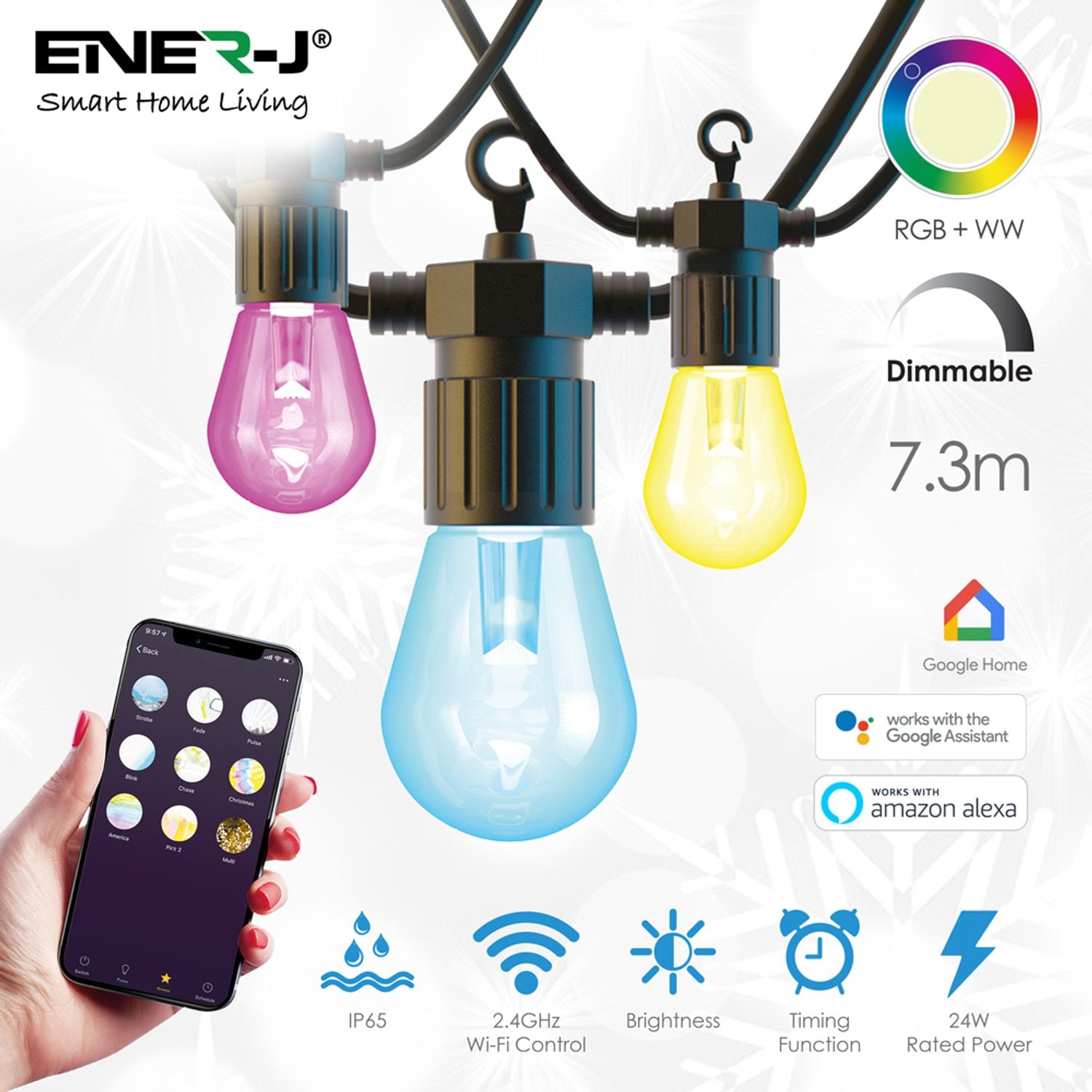 Ener-J Smart Wi-Fi LED String Light with RGB+WW 7.3m & 12pc LED Bulbs