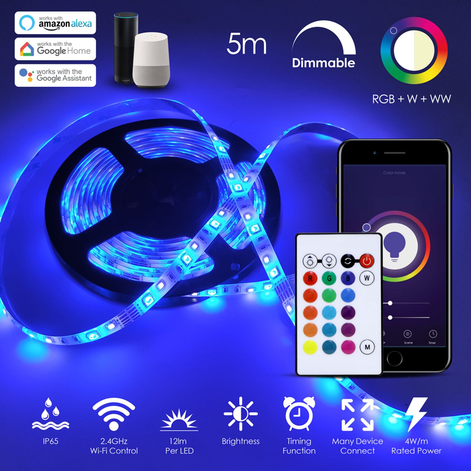 Ener-J Smart Smart WiFi RGB+CCT Changing 5m Plug & Play LED Strip Kit IP65
