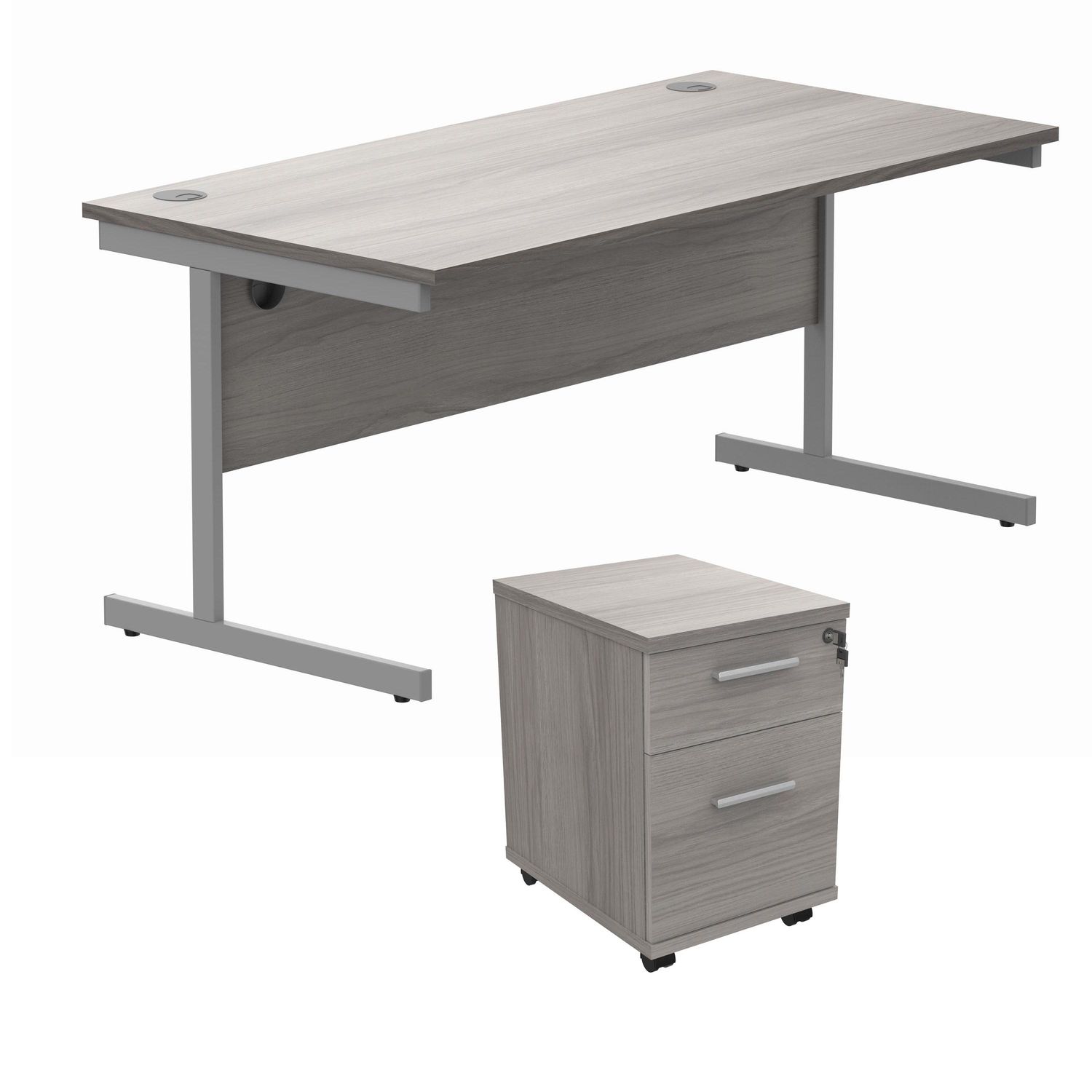 ASTIN Rectangular Desk 1600x800x730mm +2Drw Under Desk Pedestal Alaskan Grey Oak