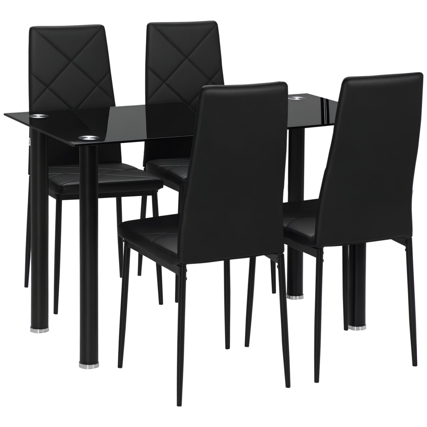 HOMCOM Dining Table & Chairs Set 4 with Padded Seat & Tempered Glass Tabletop Bl