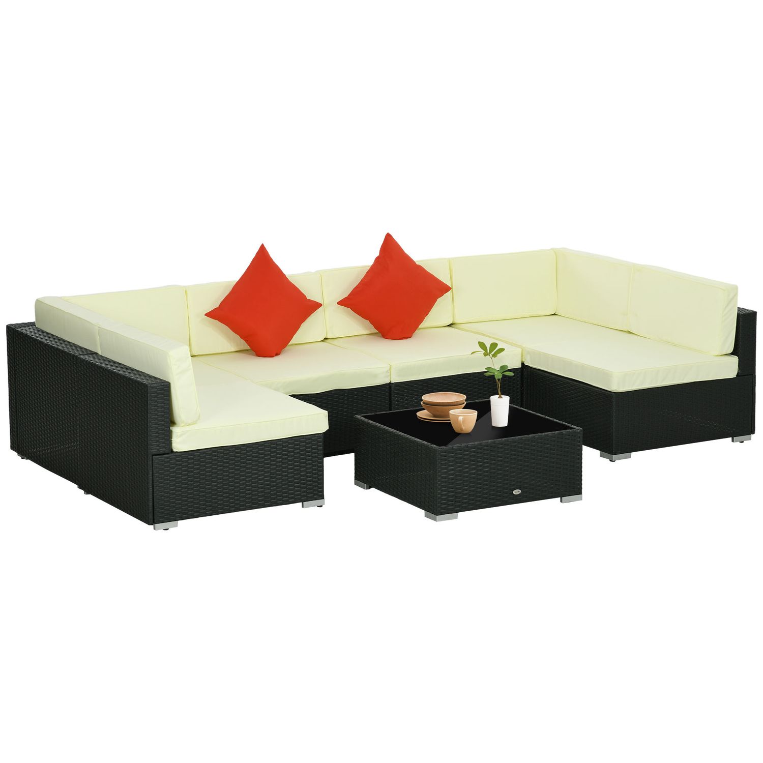 Outsunny 7 Piece Rattan Garden Furniture Set Corner Sofa Set with Cushion & Pill