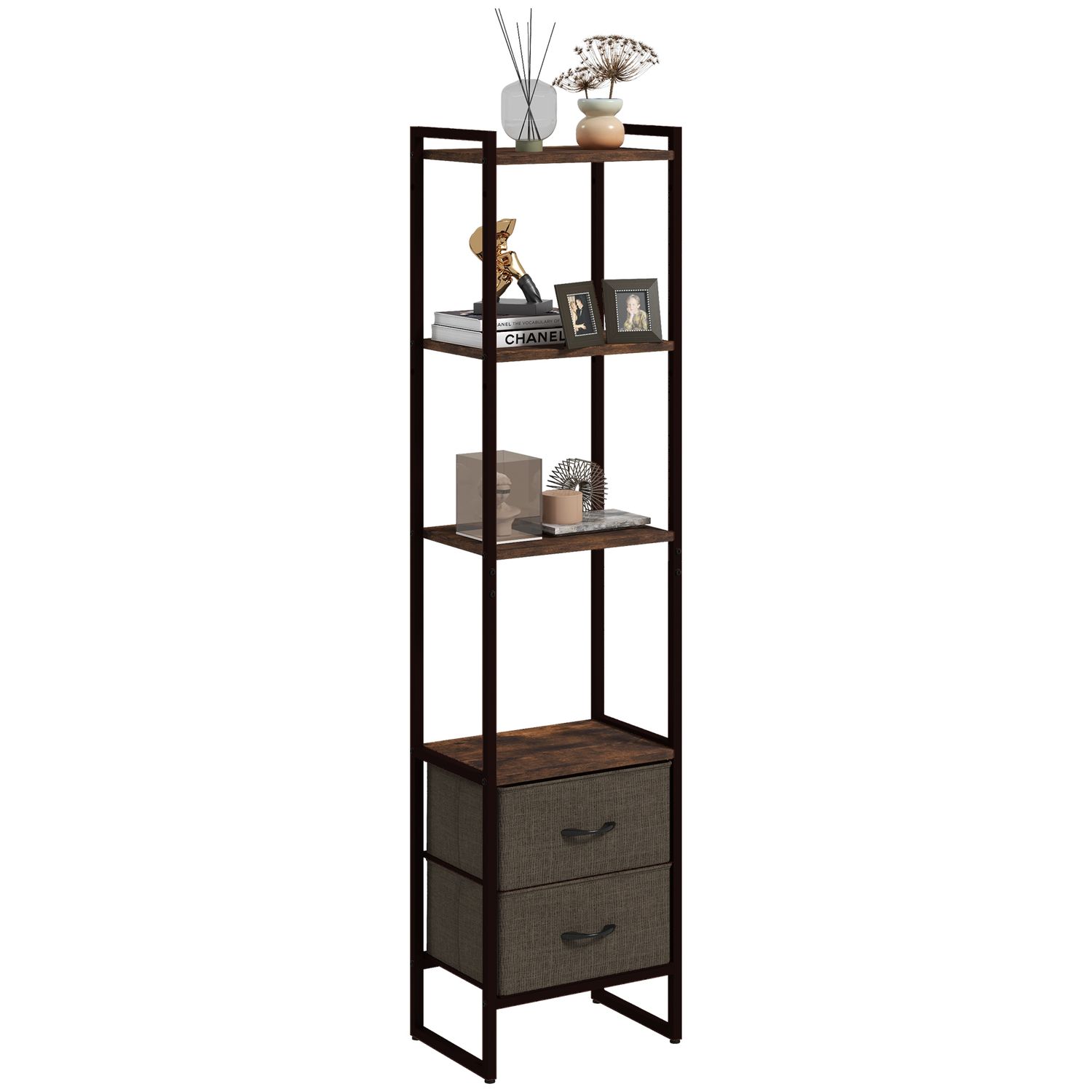 HOMCOM Industrial Bookshelf 4-Tier Shelving Unit with 2 Fabric Drawers & Metal F