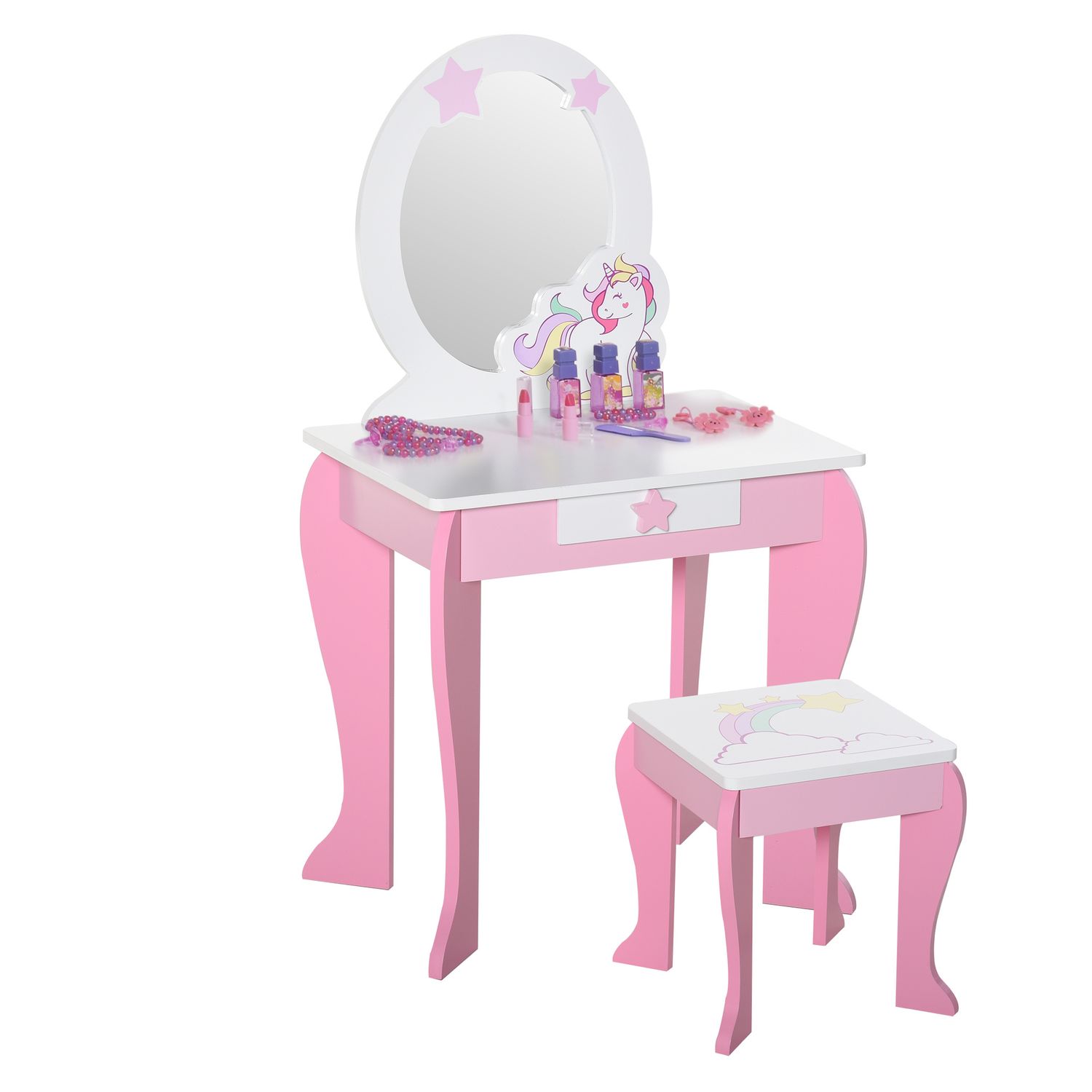 HOMCOM Girls Dressing Table with Mirror Stool Pretend Play Toy