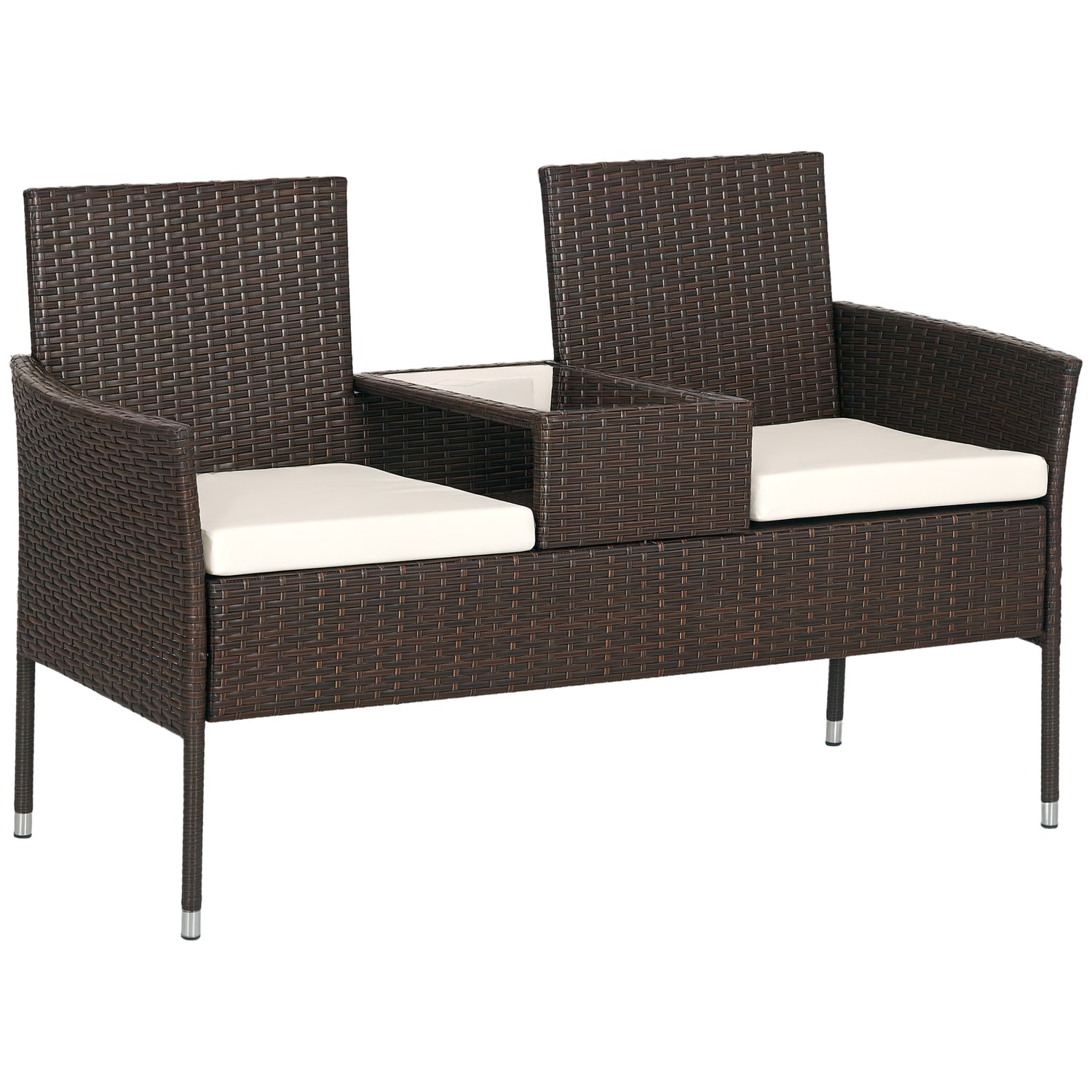 Outsunny Rattan Garden Bench with Glass Tea Table Patio Wicker Chair with Cushio