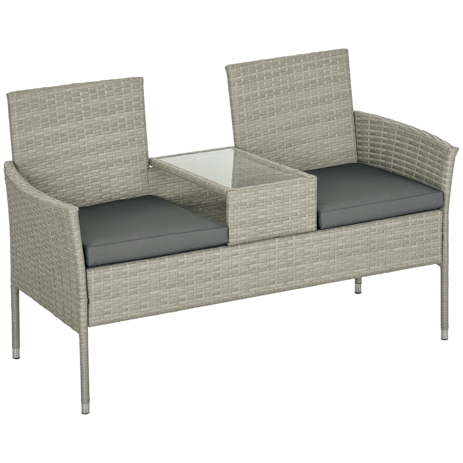 Outsunny Rattan Garden Bench with Glass Tea Table Patio Wicker Chair with Cushio