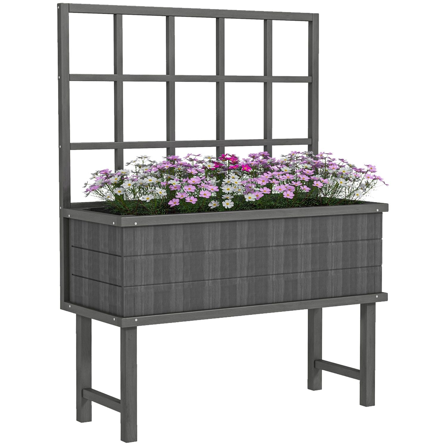 Outsunny Wooden Raised Garden Bed with Trellis Elevated Planter with Drain Holes