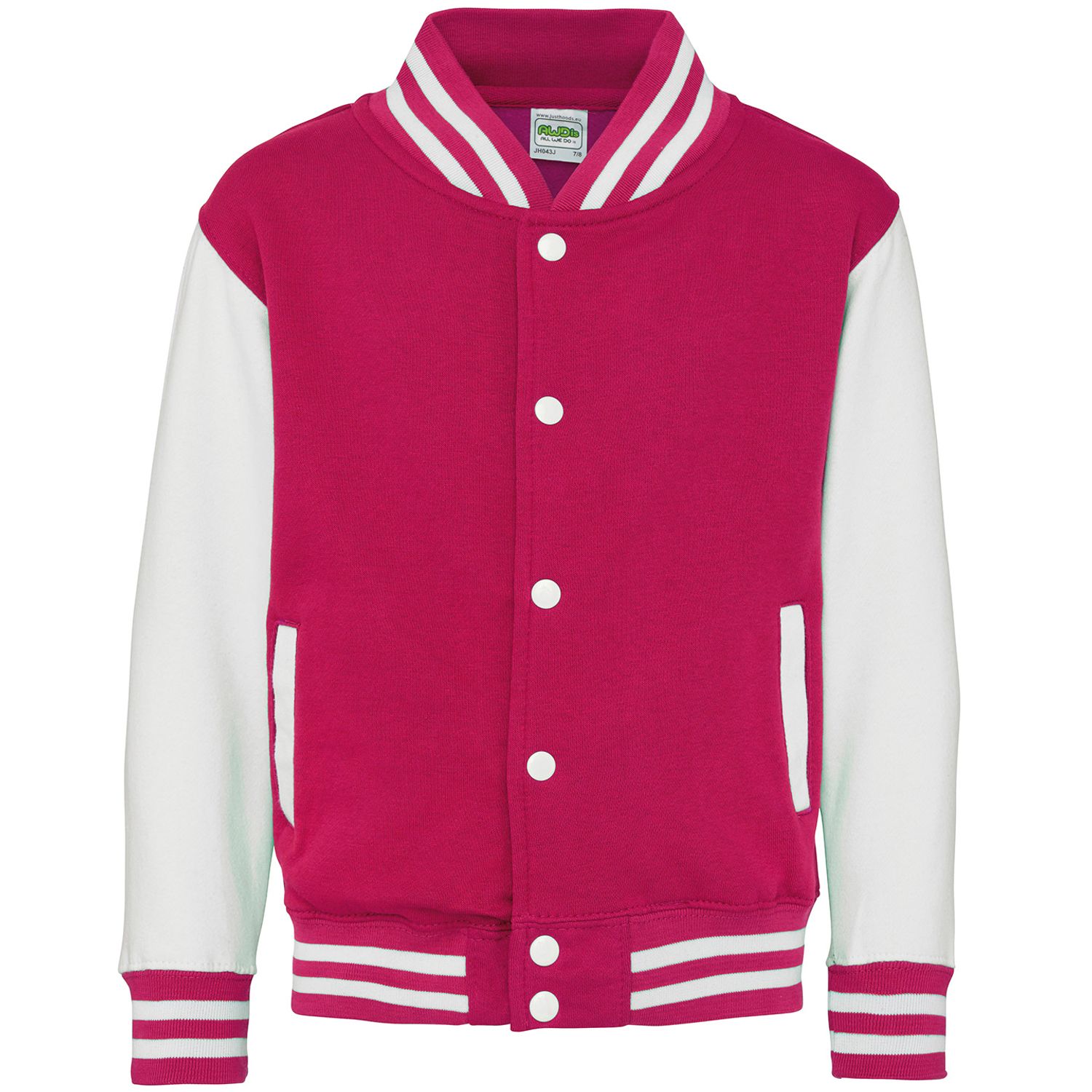 AWDis Just Hoods Kids Varsity Jacket Unisex Hot Pink/White 911