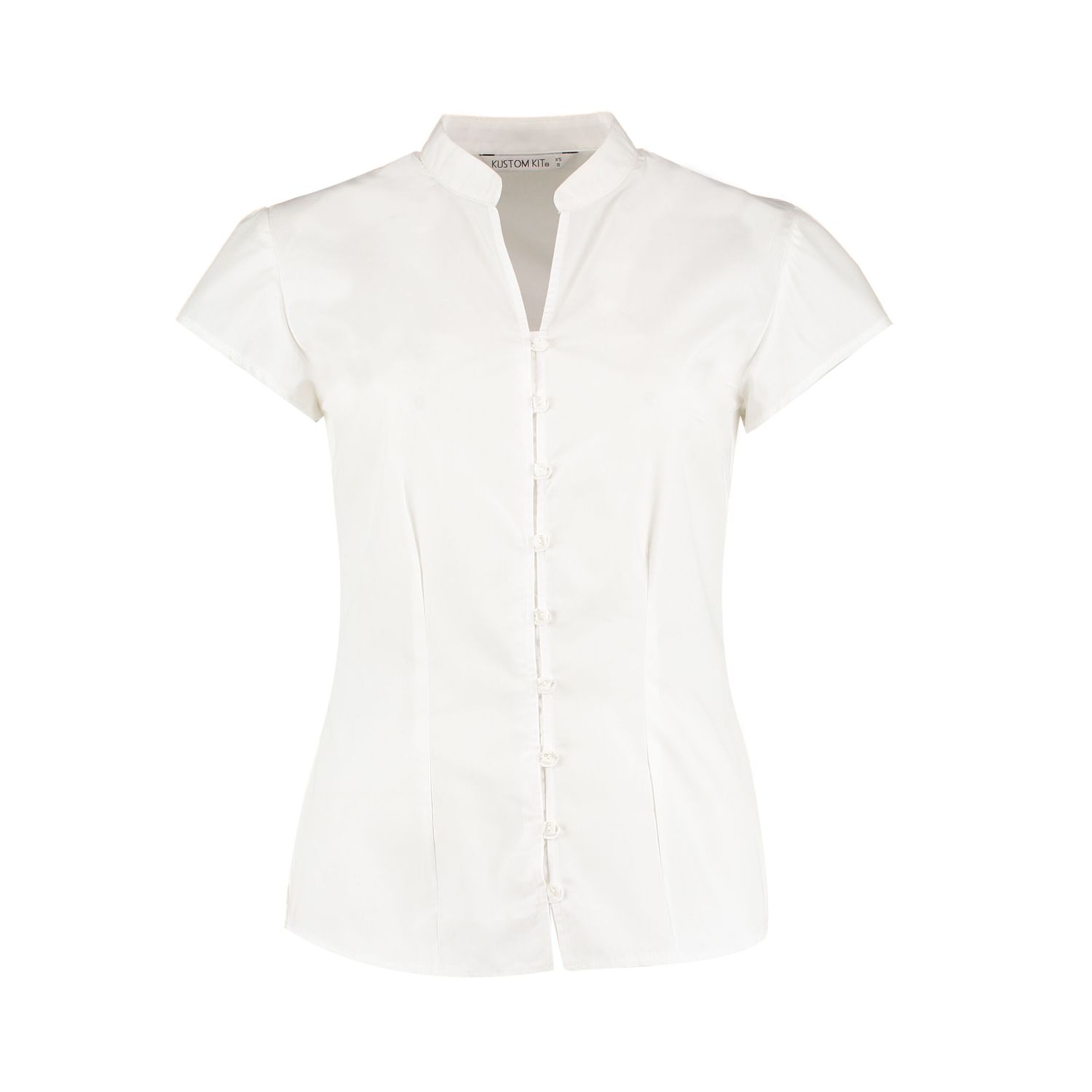 Kustom Kit Tailored Fit Cap Sleeve Mandarin Collar Blouse 12 White