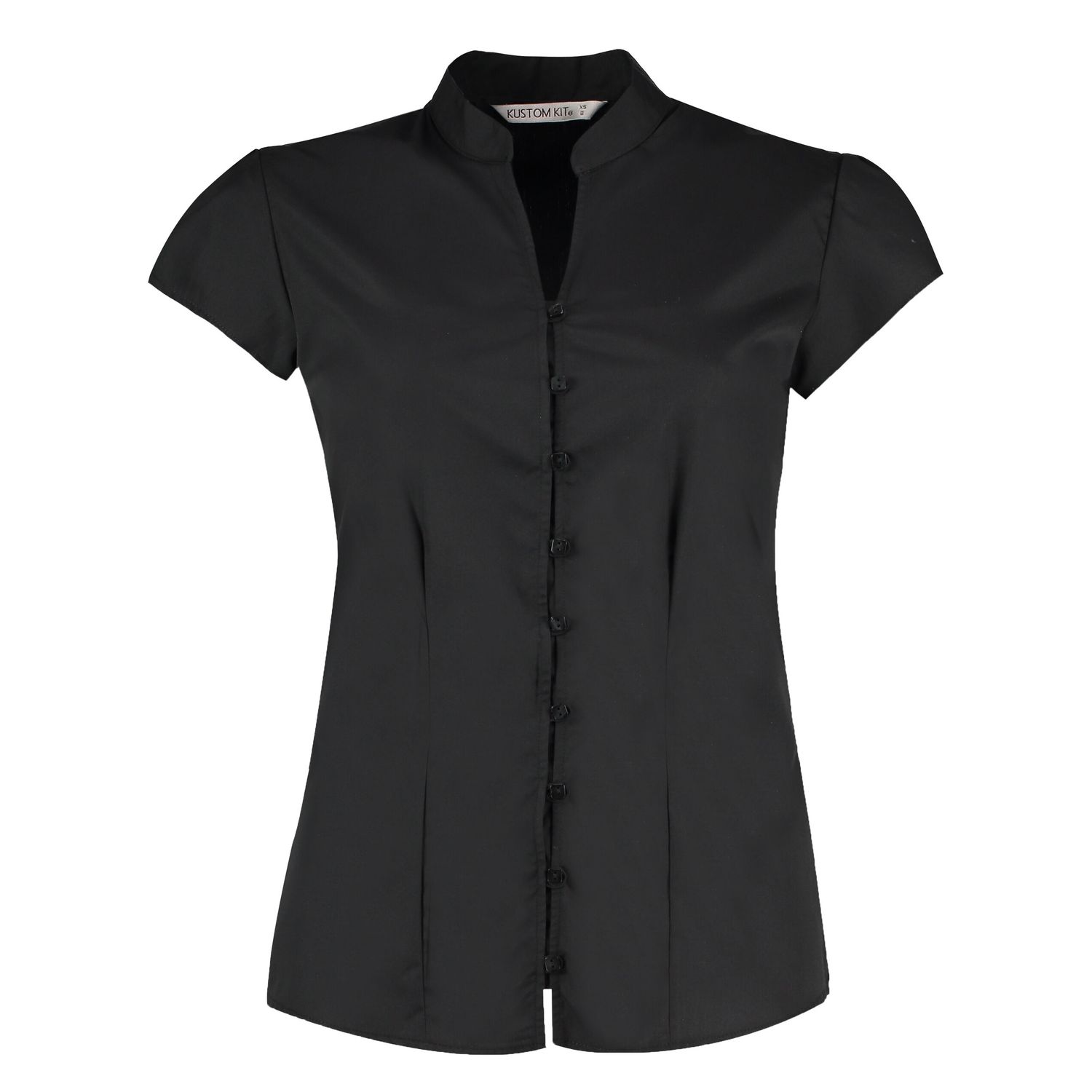 Kustom Kit Tailored Fit Cap Sleeve Mandarin Collar Blouse 8 Black