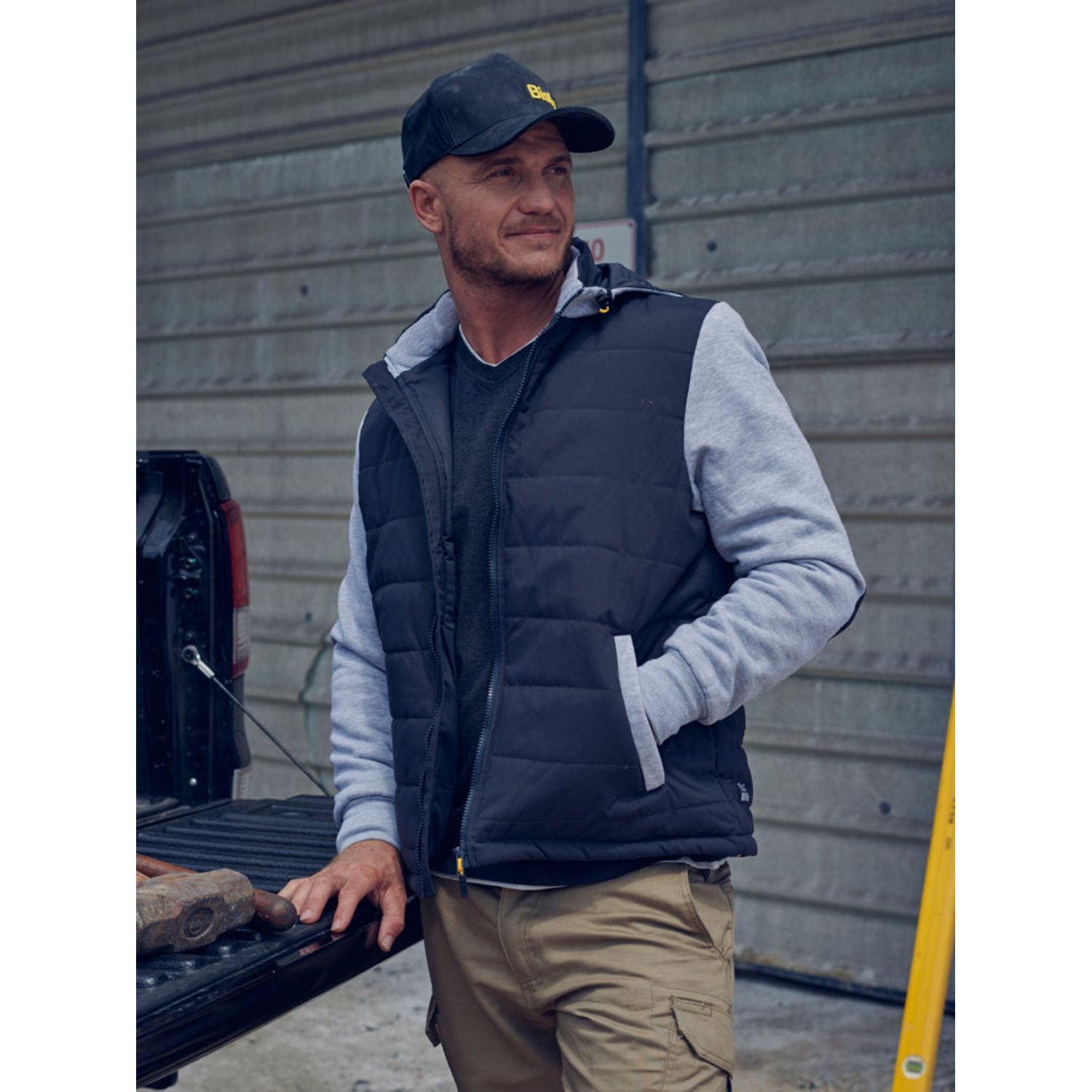 Bisley Workwear Jacket Flex and Move Contrast Puffer Fleece Hooded Jacket Black